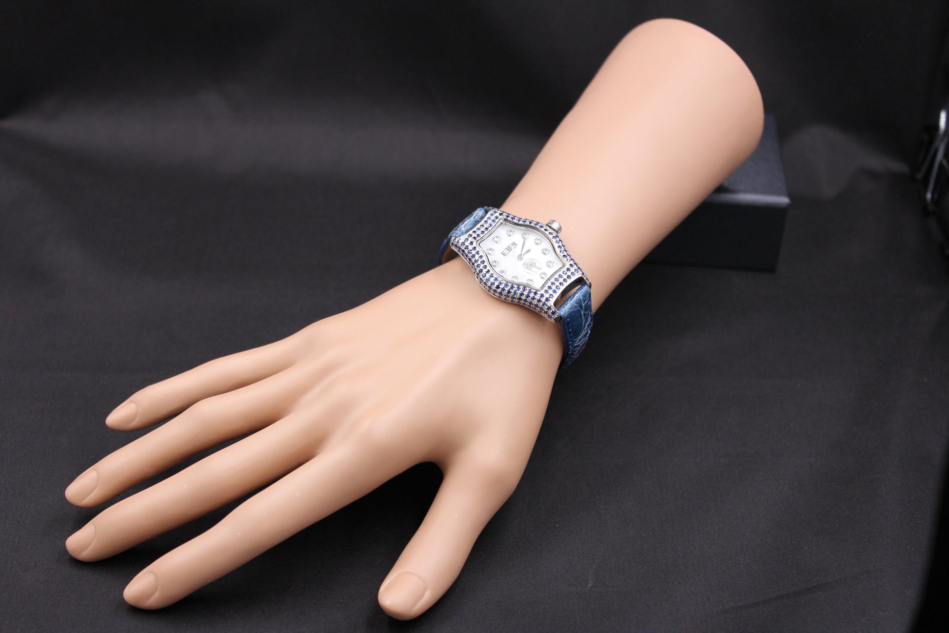 Blue Sapphire & Diamonds Pave Dial Luxury Swiss Quartz Exotic Leather Band Watch