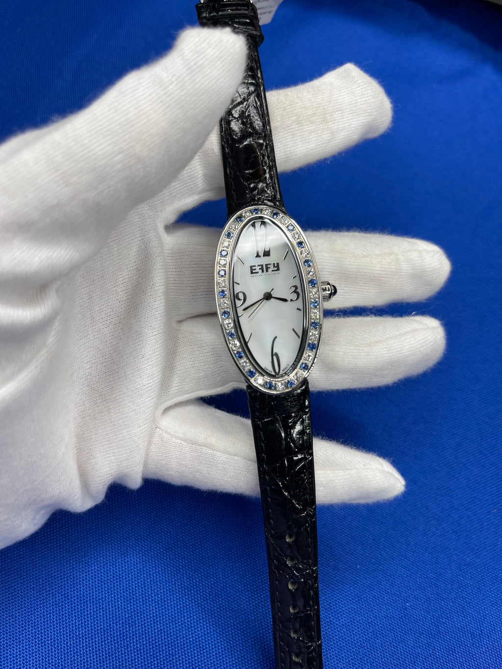 Blue Sapphire Diamonds Pave Dial Luxury Swiss Quartz Exotic Leather Band Watch