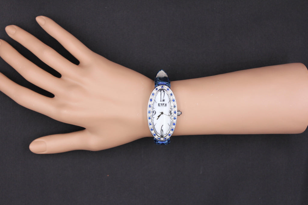 Blue Sapphire Diamonds Pave Dial Luxury Swiss Quartz Exotic Leather Band Watch