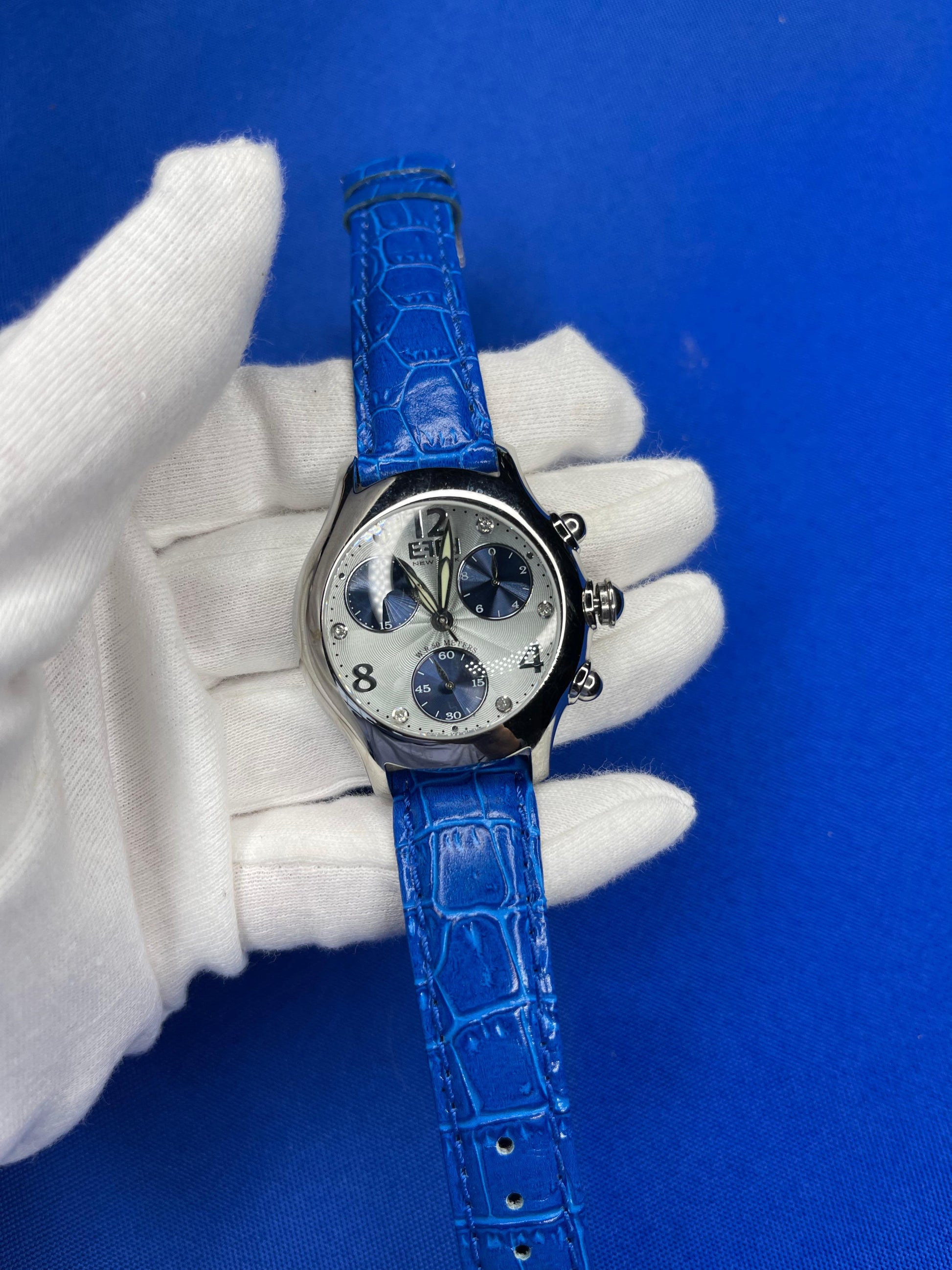 Blue Sapphire & Diamonds Pave Dial Luxury Swiss Quartz Exotic Leather Band Watch