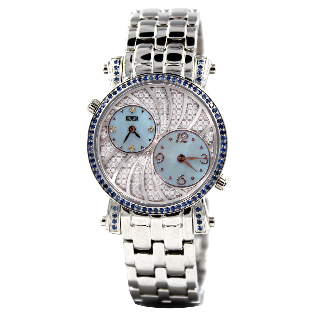 Blue Sapphire &amp; Diamonds Pave Dial Luxury Swiss Quartz Exotic Leather Band Watch