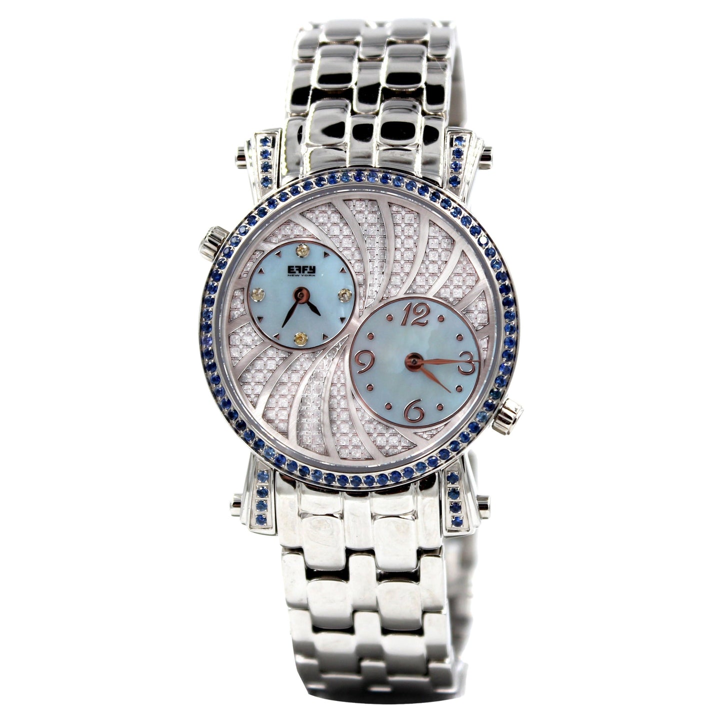 blue sapphire & diamonds pave dial luxury swiss quartz exotic leather band watch