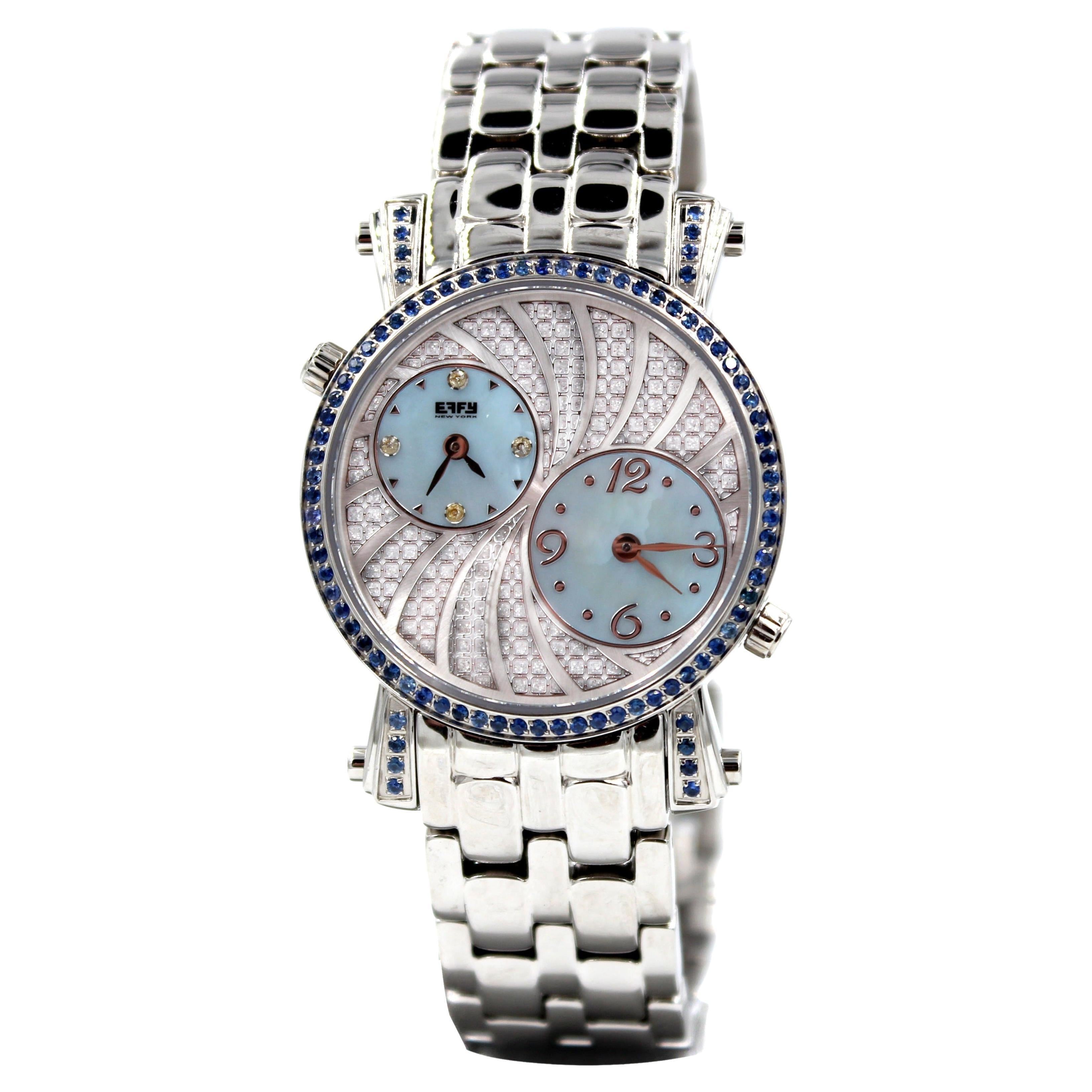 Blue Sapphire &amp; Diamonds Pave Dial Luxury Swiss Quartz Exotic Leather Band Watch