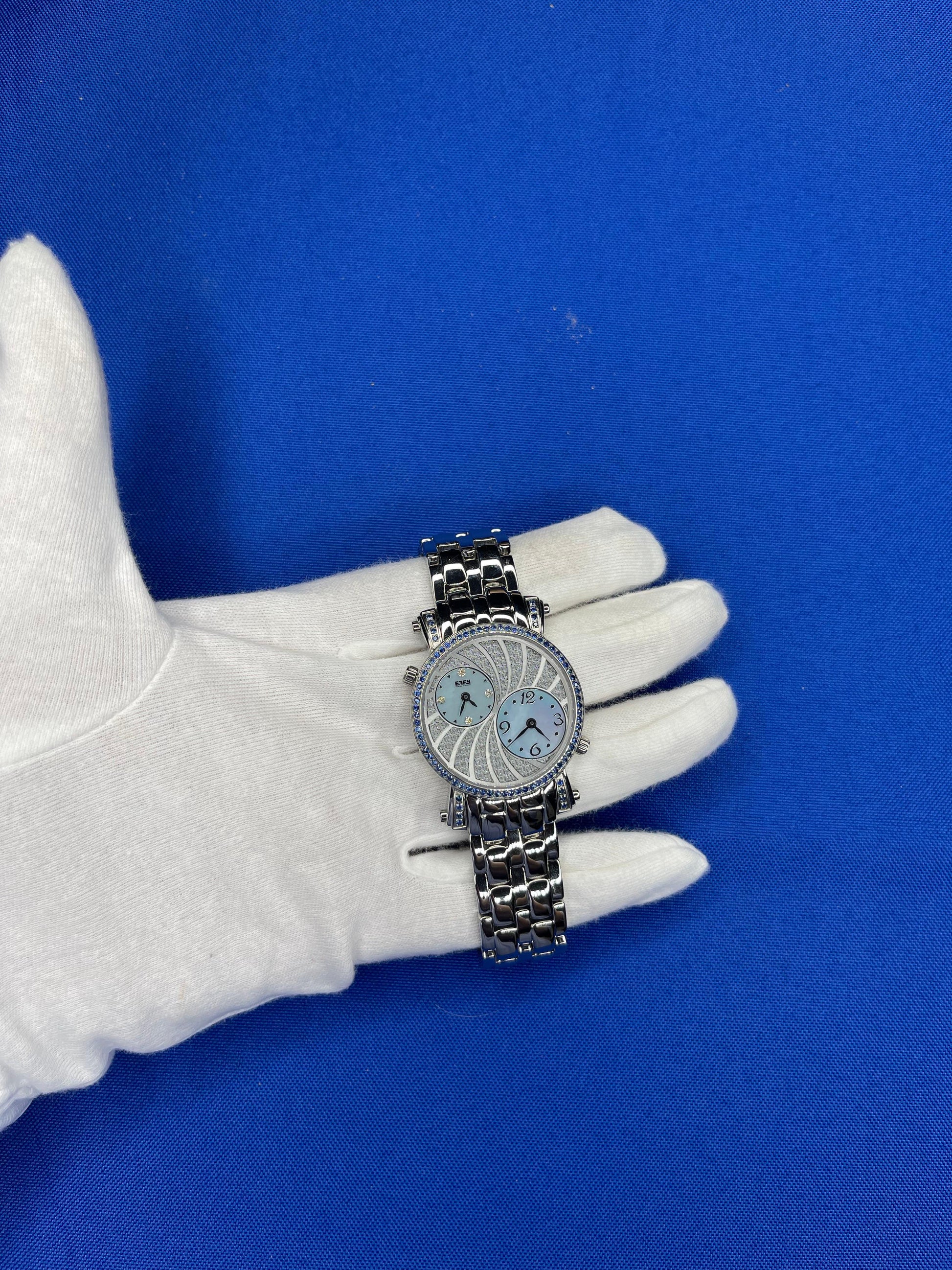 Blue Sapphire & Diamonds Pave Dial Luxury Swiss Quartz Exotic Leather Band Watch