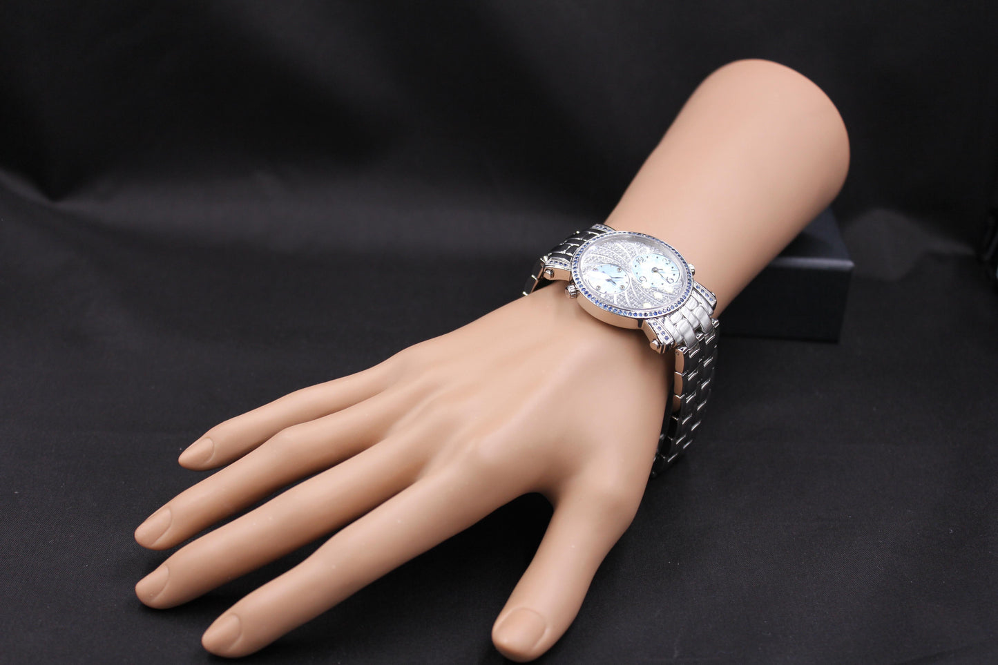 blue sapphire & diamonds pave dial luxury swiss quartz exotic leather band watch