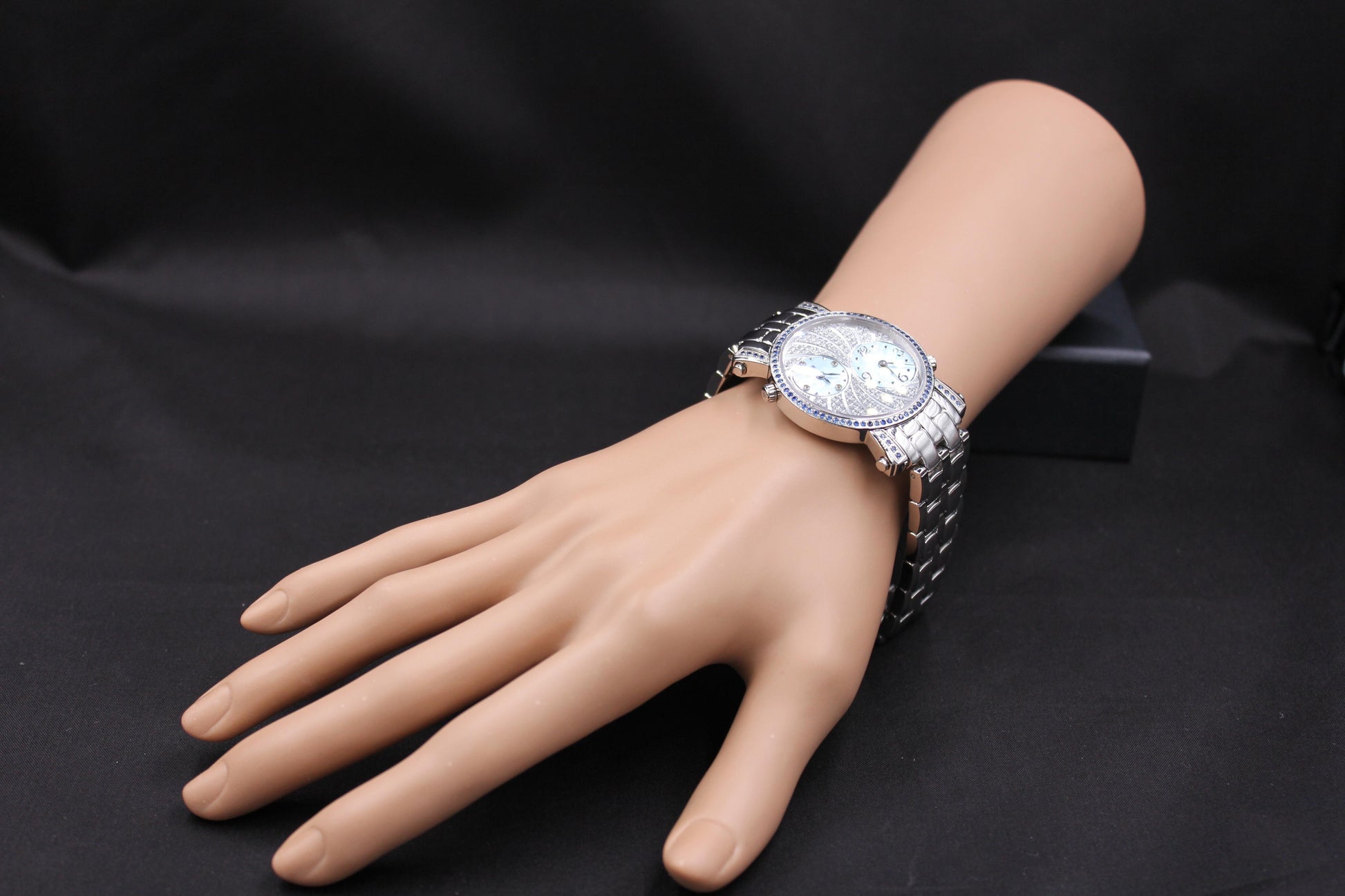 Blue Sapphire & Diamonds Pave Dial Luxury Swiss Quartz Exotic Leather Band Watch