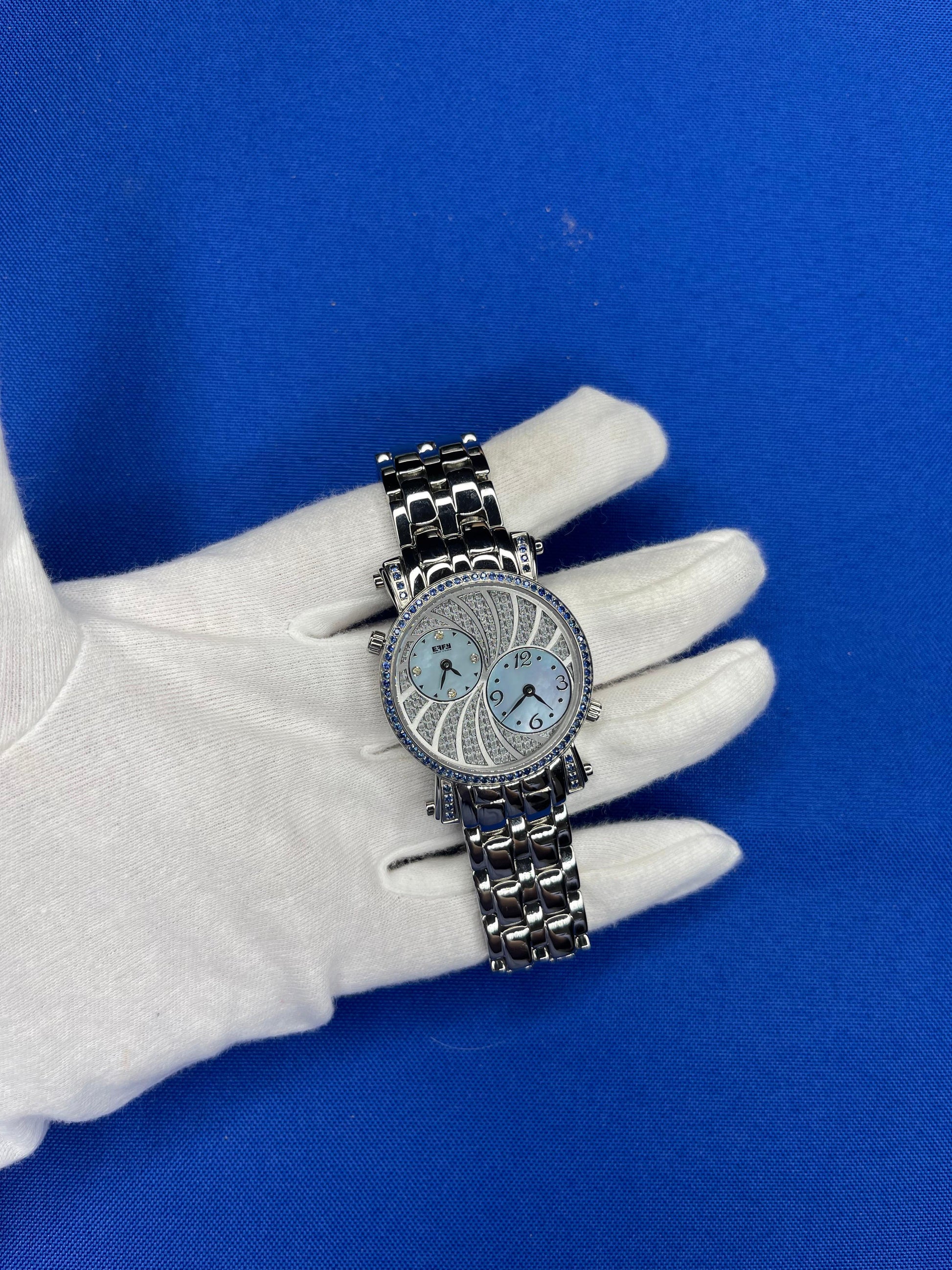 Blue Sapphire & Diamonds Pave Dial Luxury Swiss Quartz Exotic Leather Band Watch