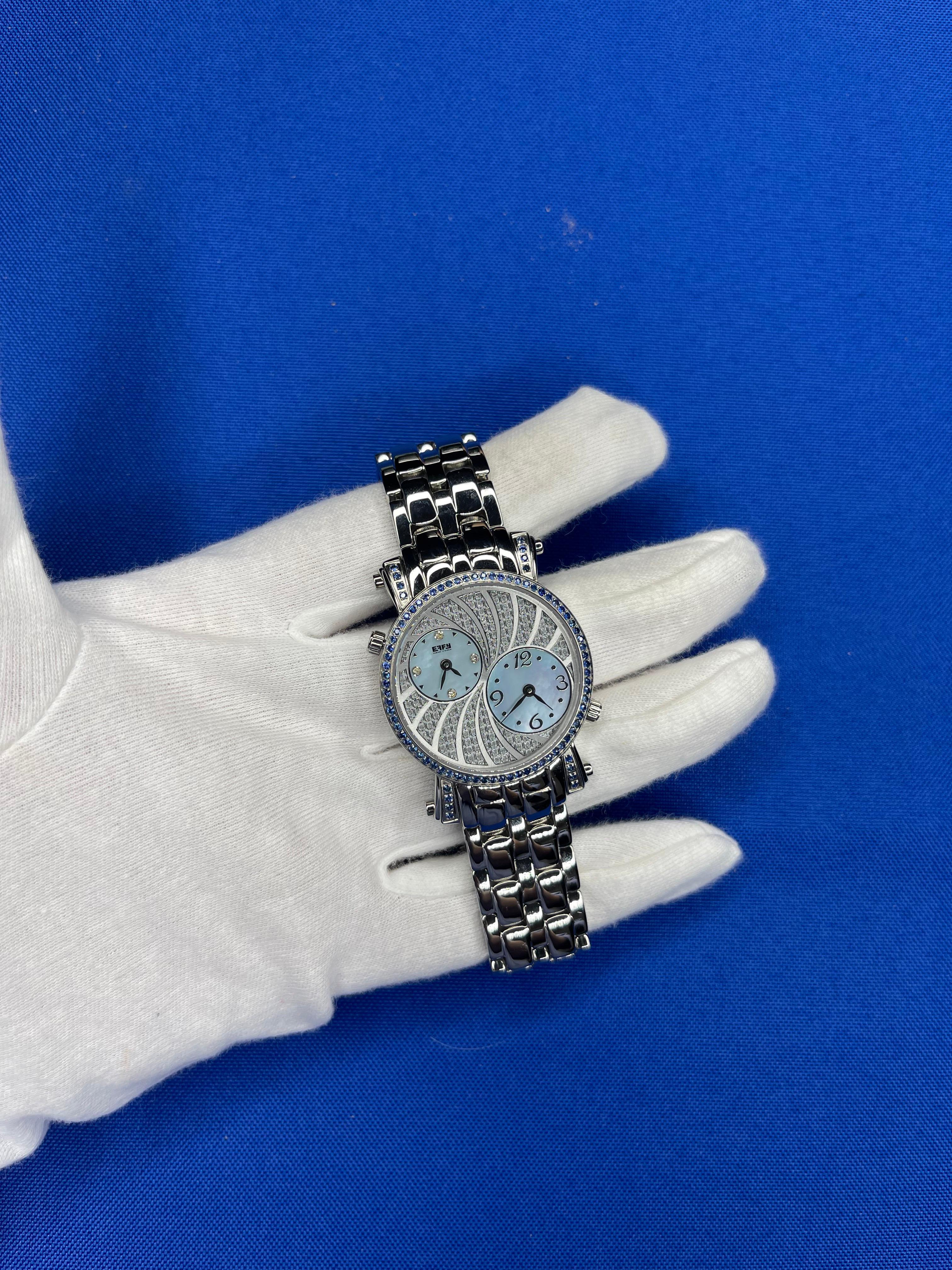 Blue Sapphire &amp; Diamonds Pave Dial Luxury Swiss Quartz Exotic Leather Band Watch