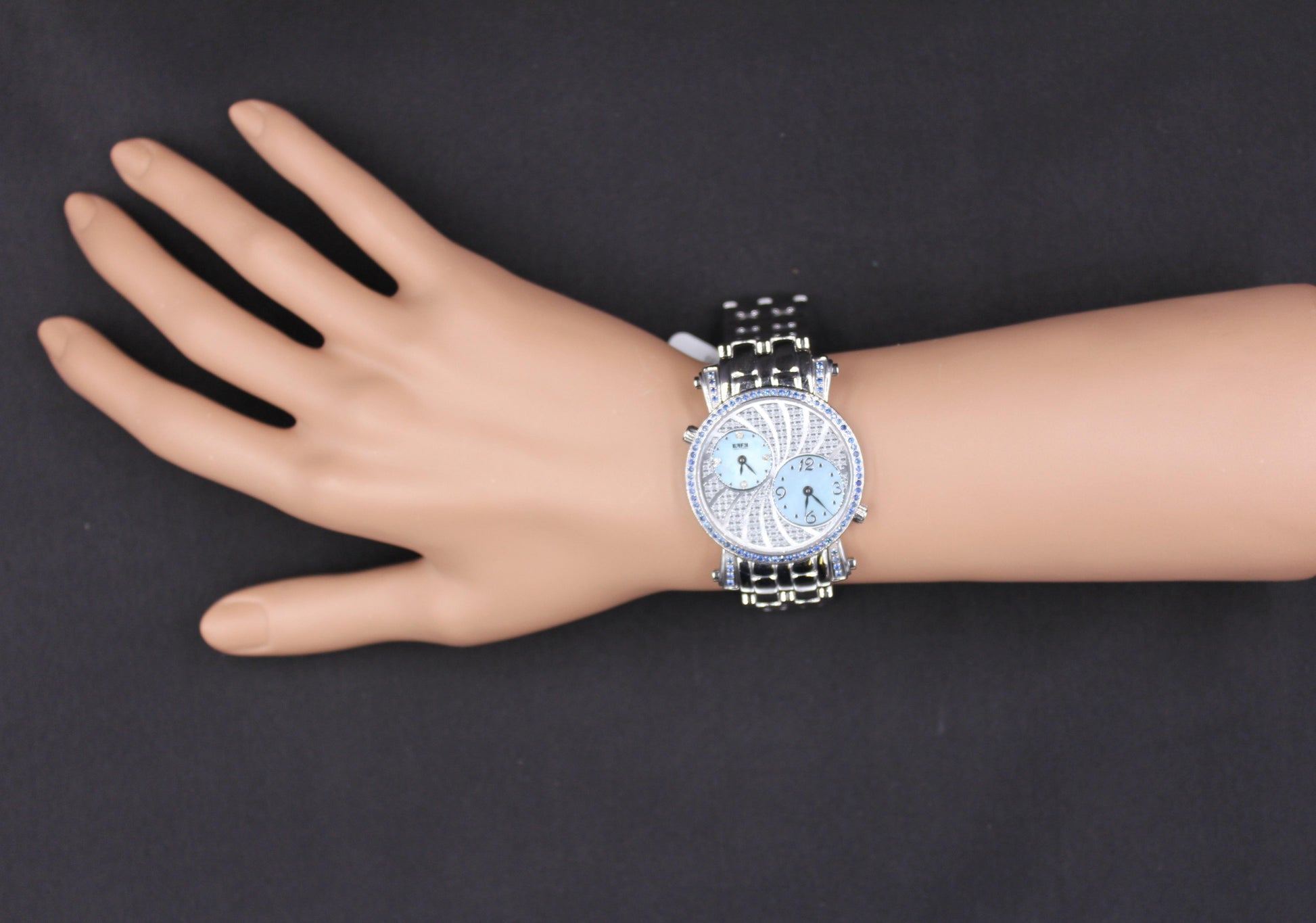 Blue Sapphire & Diamonds Pave Dial Luxury Swiss Quartz Exotic Leather Band Watch