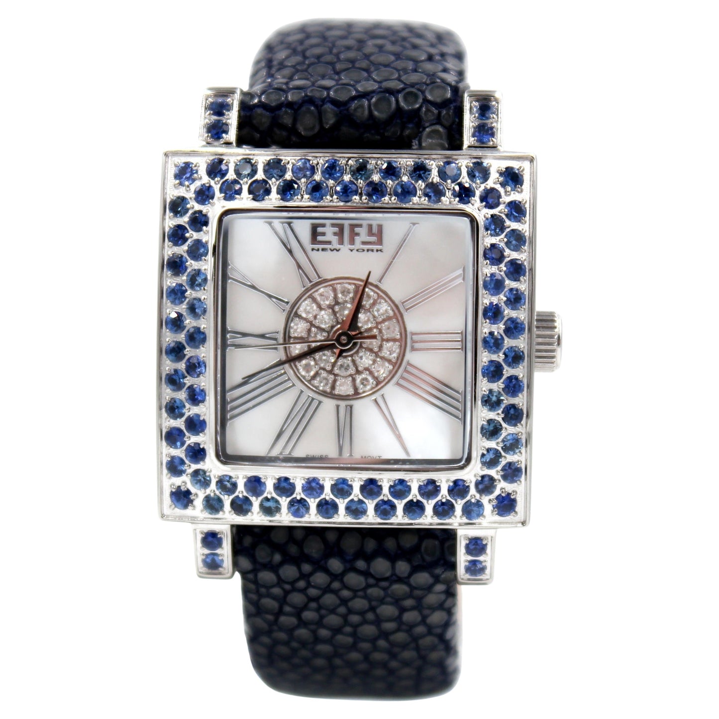 blue sapphire & diamonds pave dial luxury swiss quartz exotic leather watch