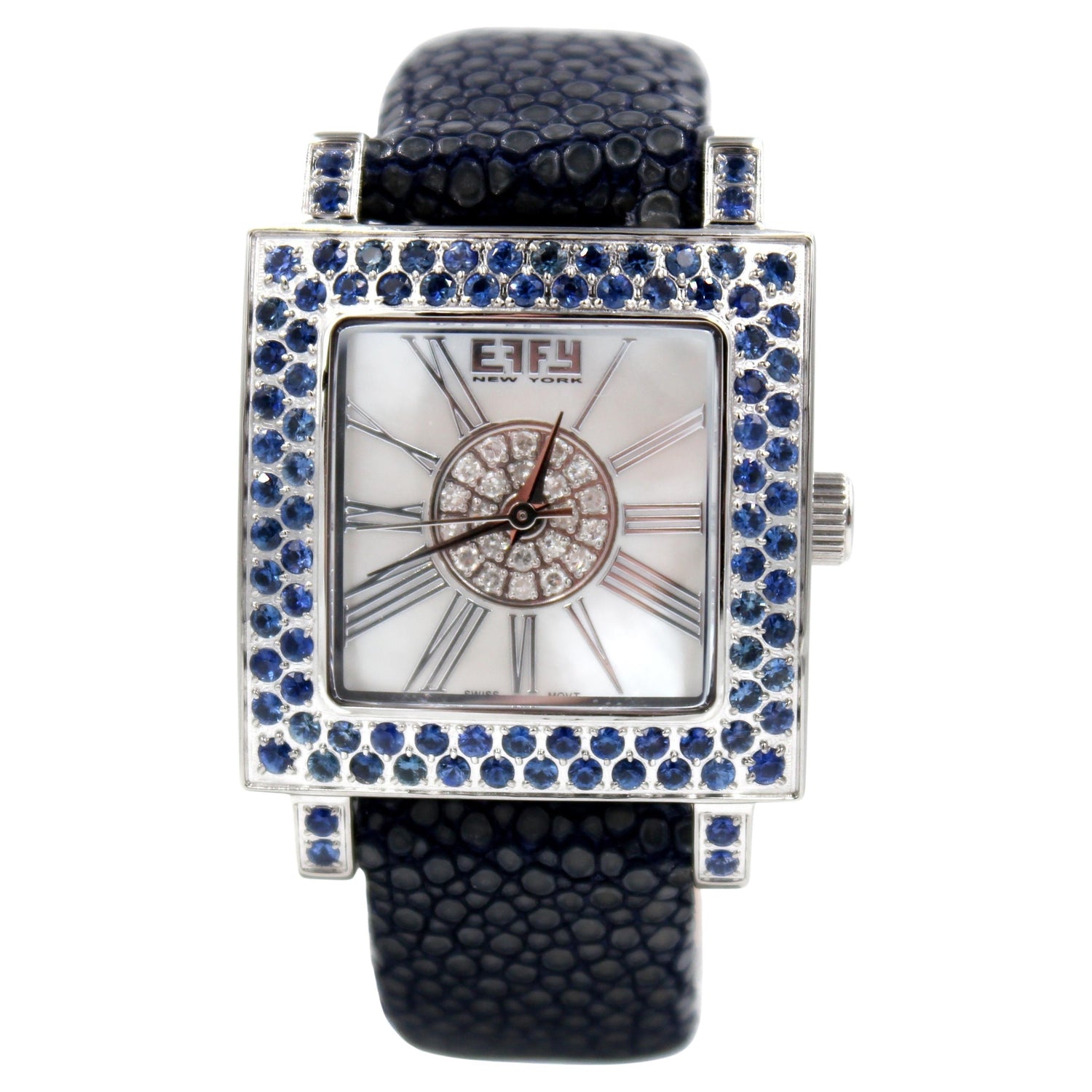Blue Sapphire &amp; Diamonds Pave Dial Luxury Swiss Quartz Exotic Leather Watch