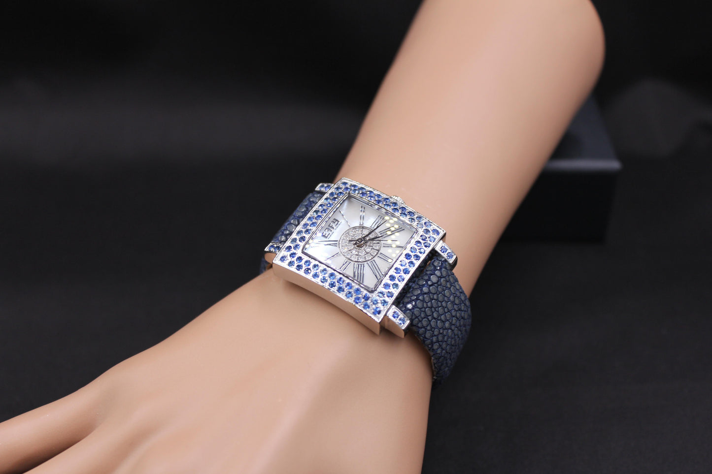 blue sapphire & diamonds pave dial luxury swiss quartz exotic leather watch