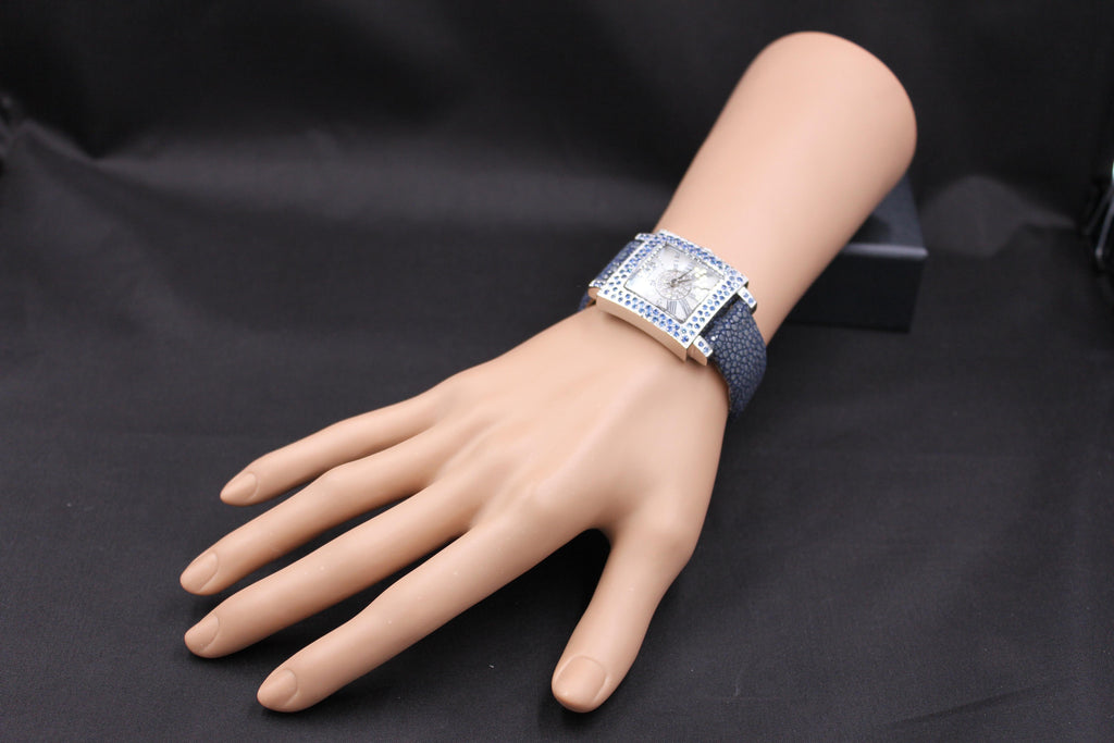 Blue Sapphire & Diamonds Pave Dial Luxury Swiss Quartz Exotic Leather Watch