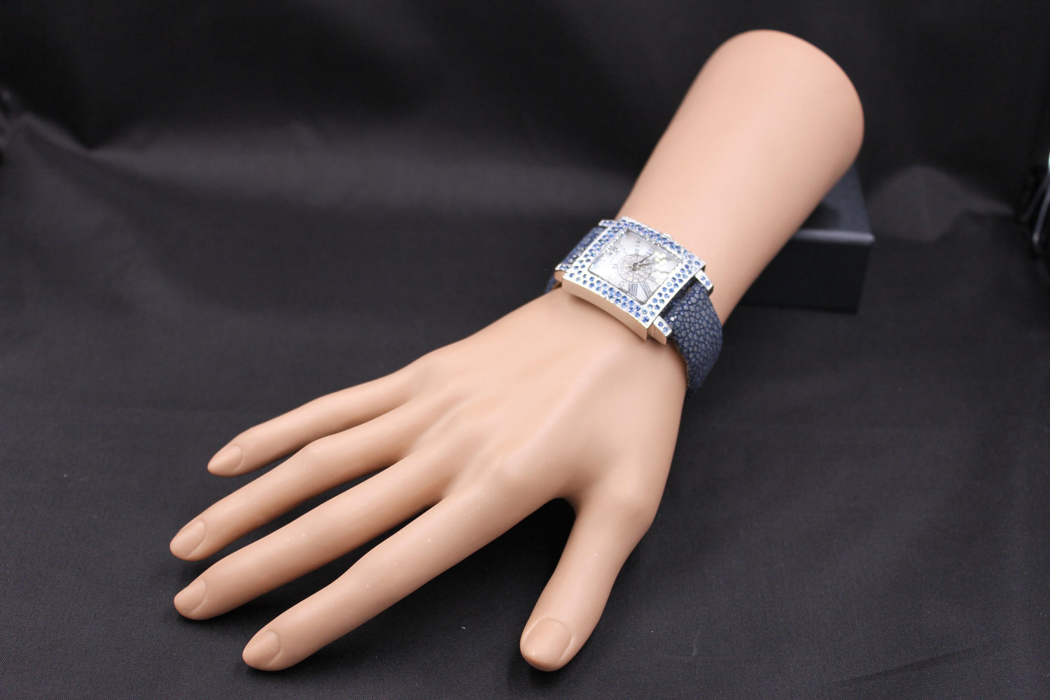 Blue Sapphire &amp; Diamonds Pave Dial Luxury Swiss Quartz Exotic Leather Watch