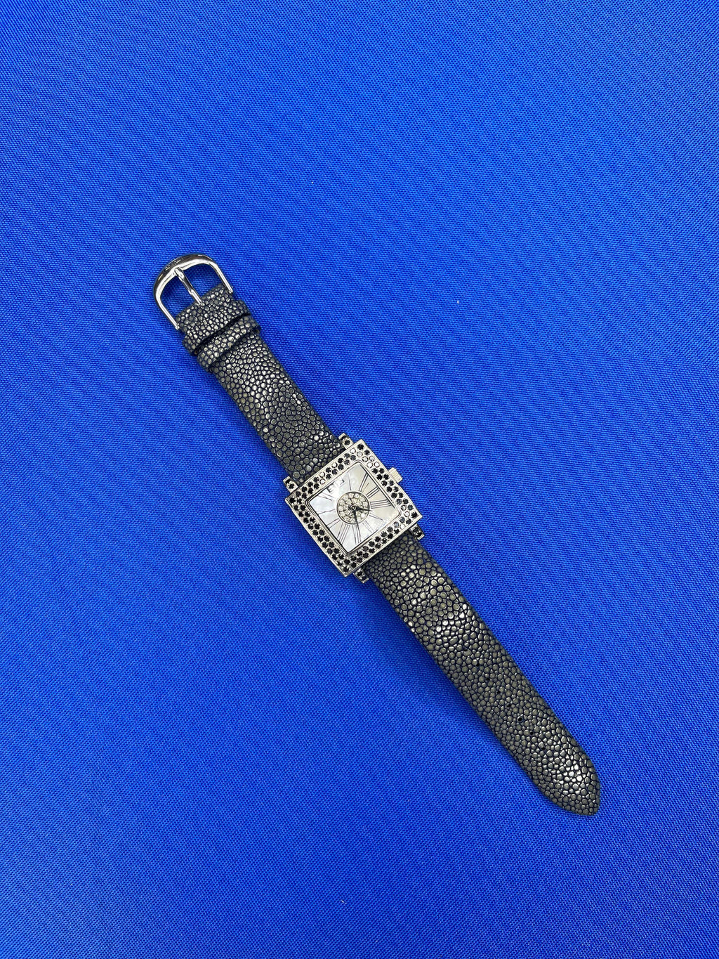 Blue Sapphire & Diamonds Pave Dial Luxury Swiss Quartz Exotic Leather Watch