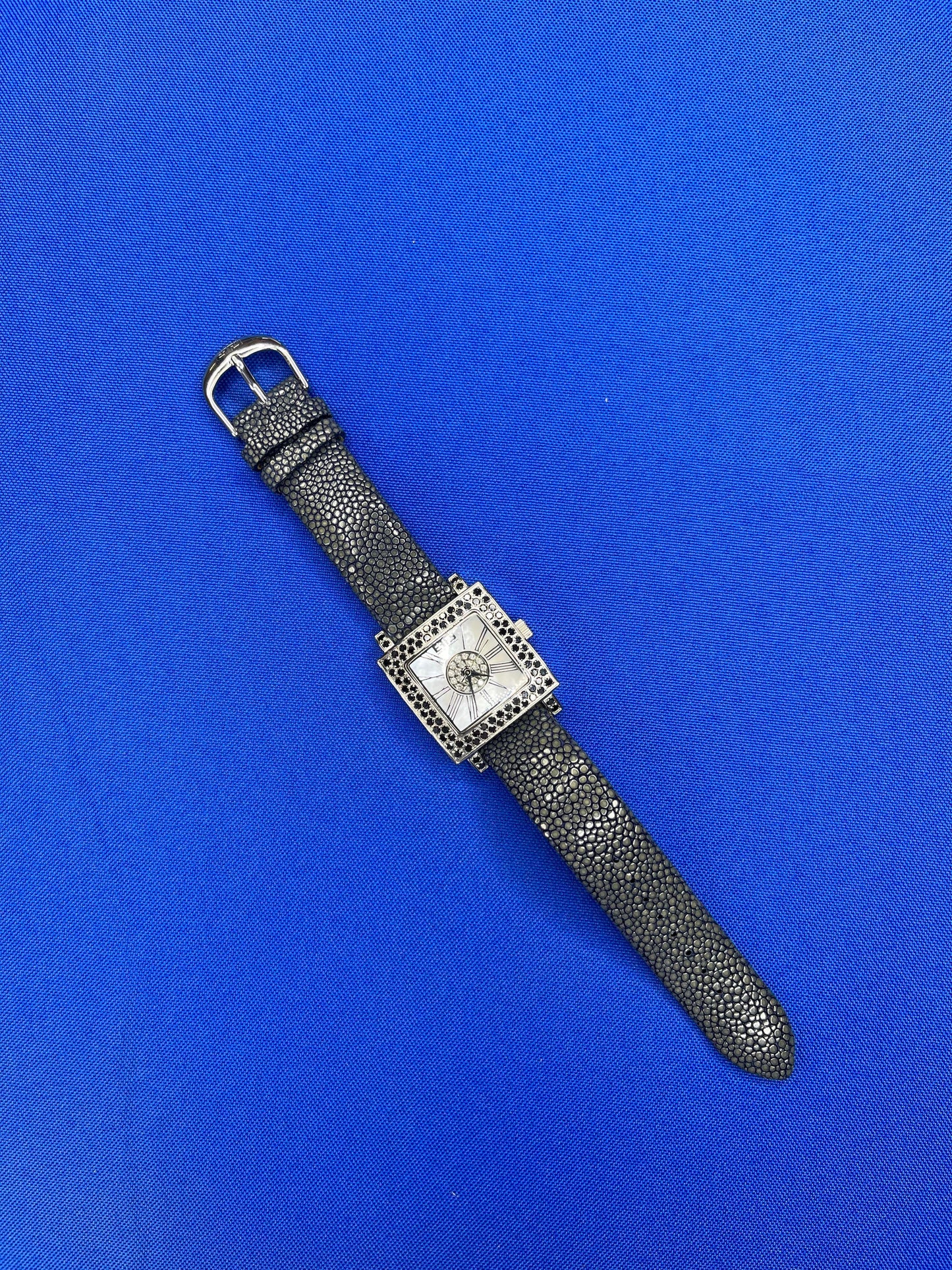 blue sapphire & diamonds pave dial luxury swiss quartz exotic leather watch