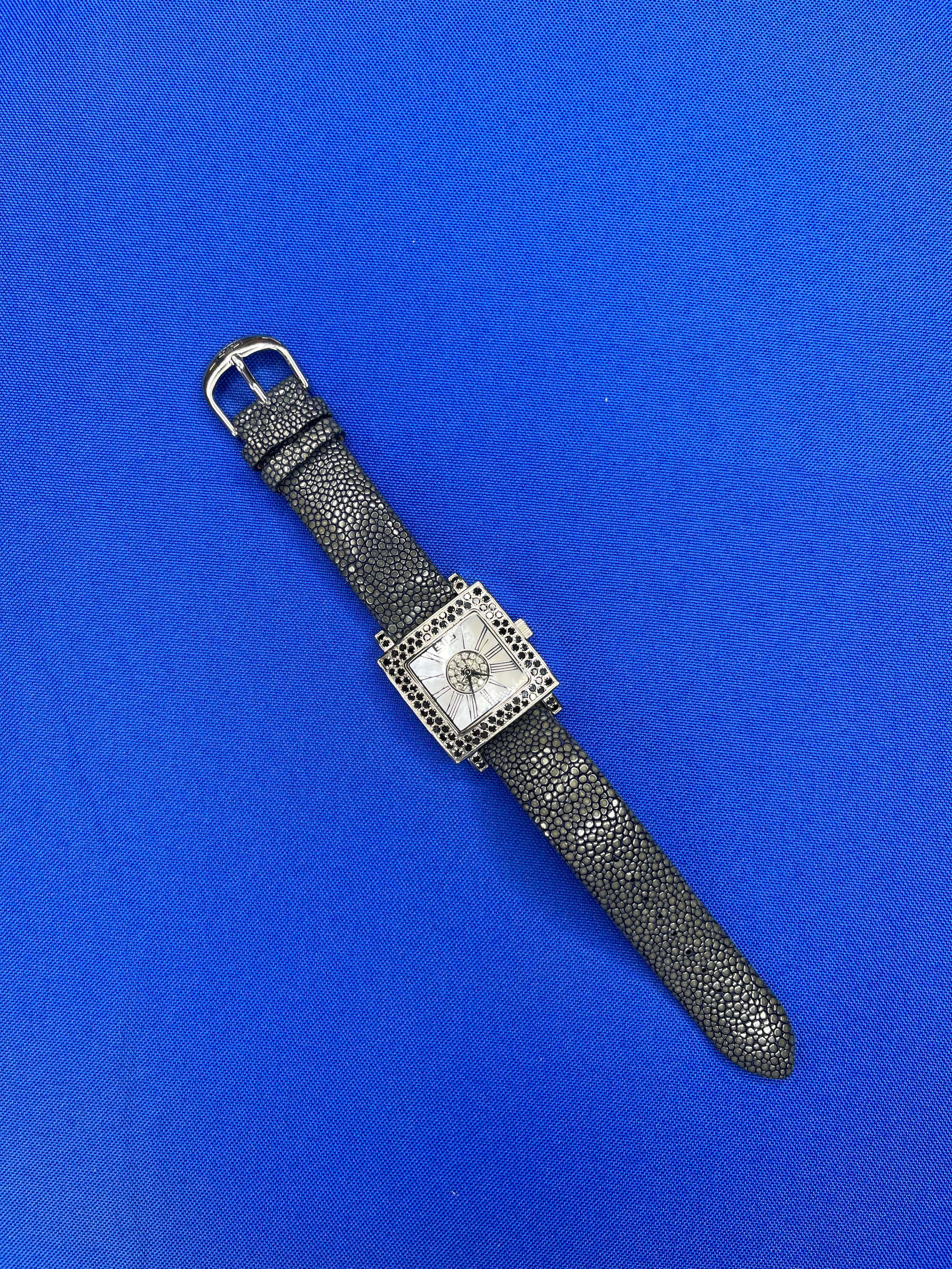 Blue Sapphire &amp; Diamonds Pave Dial Luxury Swiss Quartz Exotic Leather Watch