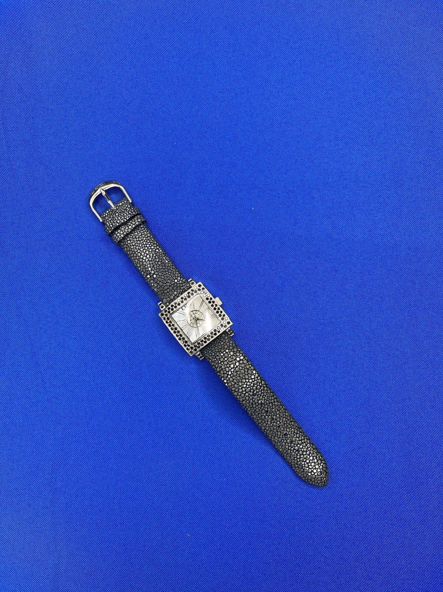 blue sapphire & diamonds pave dial luxury swiss quartz exotic leather watch