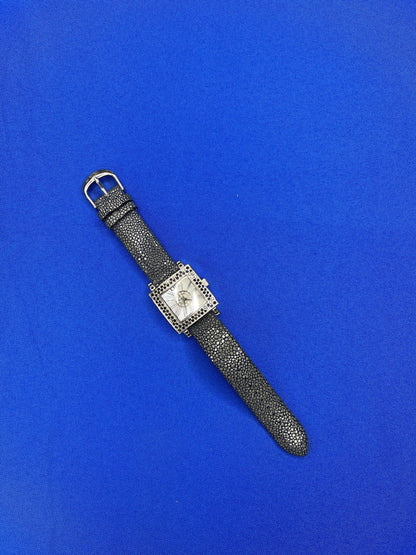 Blue Sapphire & Diamonds Pave Dial Luxury Swiss Quartz Exotic Leather Watch