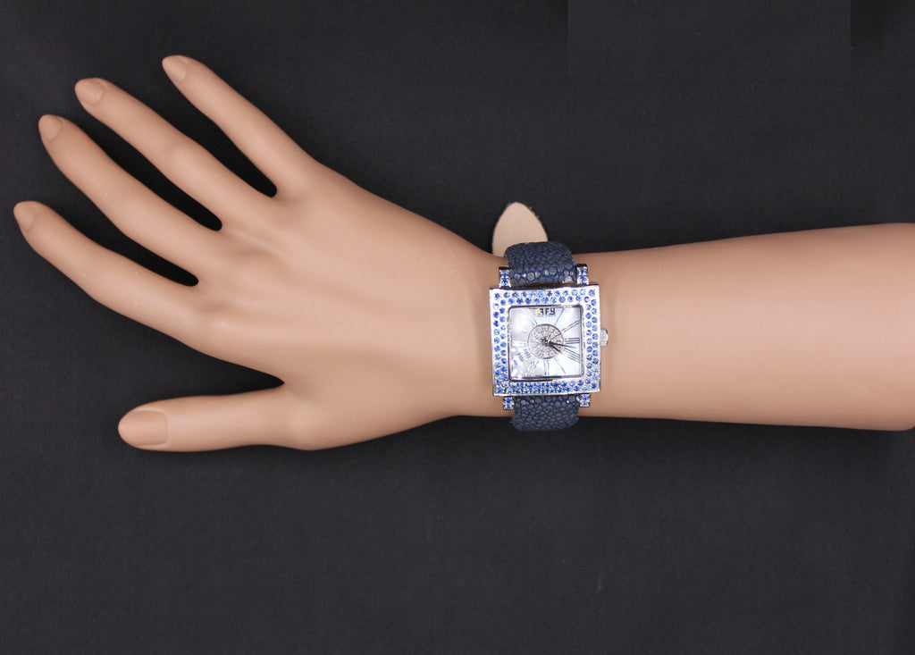 Blue Sapphire & Diamonds Pave Dial Luxury Swiss Quartz Exotic Leather Watch