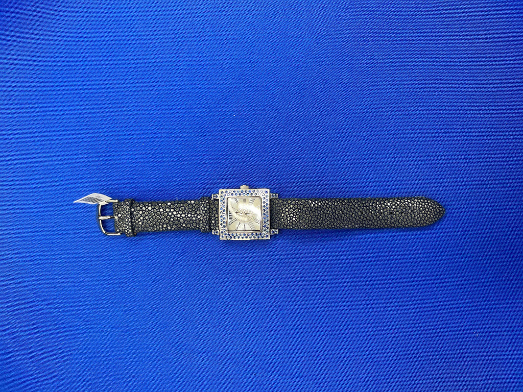 Blue Sapphire & Diamonds Pave Dial Luxury Swiss Quartz Exotic Leather Watch