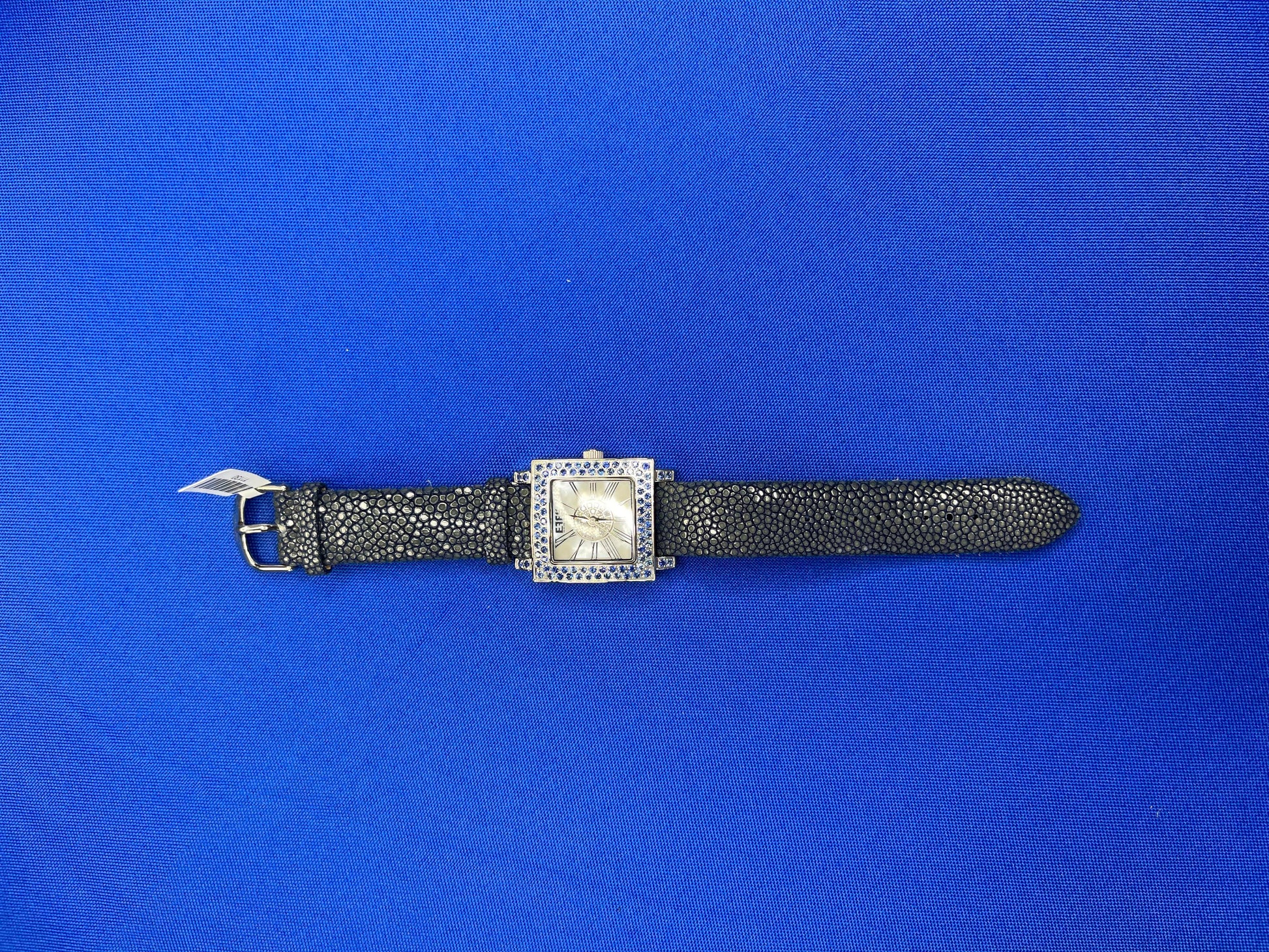 Blue Sapphire & Diamonds Pave Dial Luxury Swiss Quartz Exotic Leather Watch