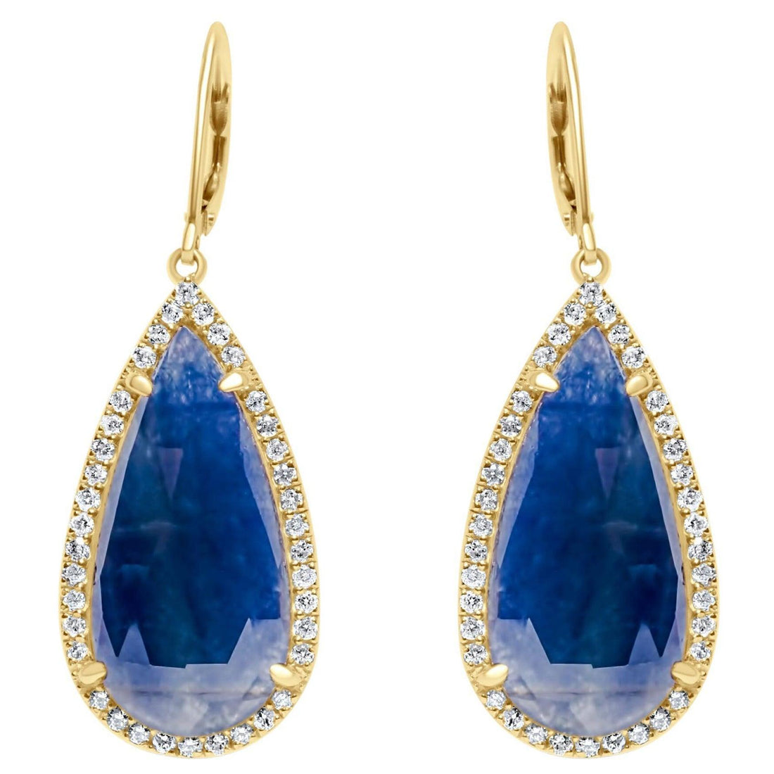 Blue Sapphire Pear Drop Faceted Cabochon Diamond Halo Drop 18k Gold Earrings