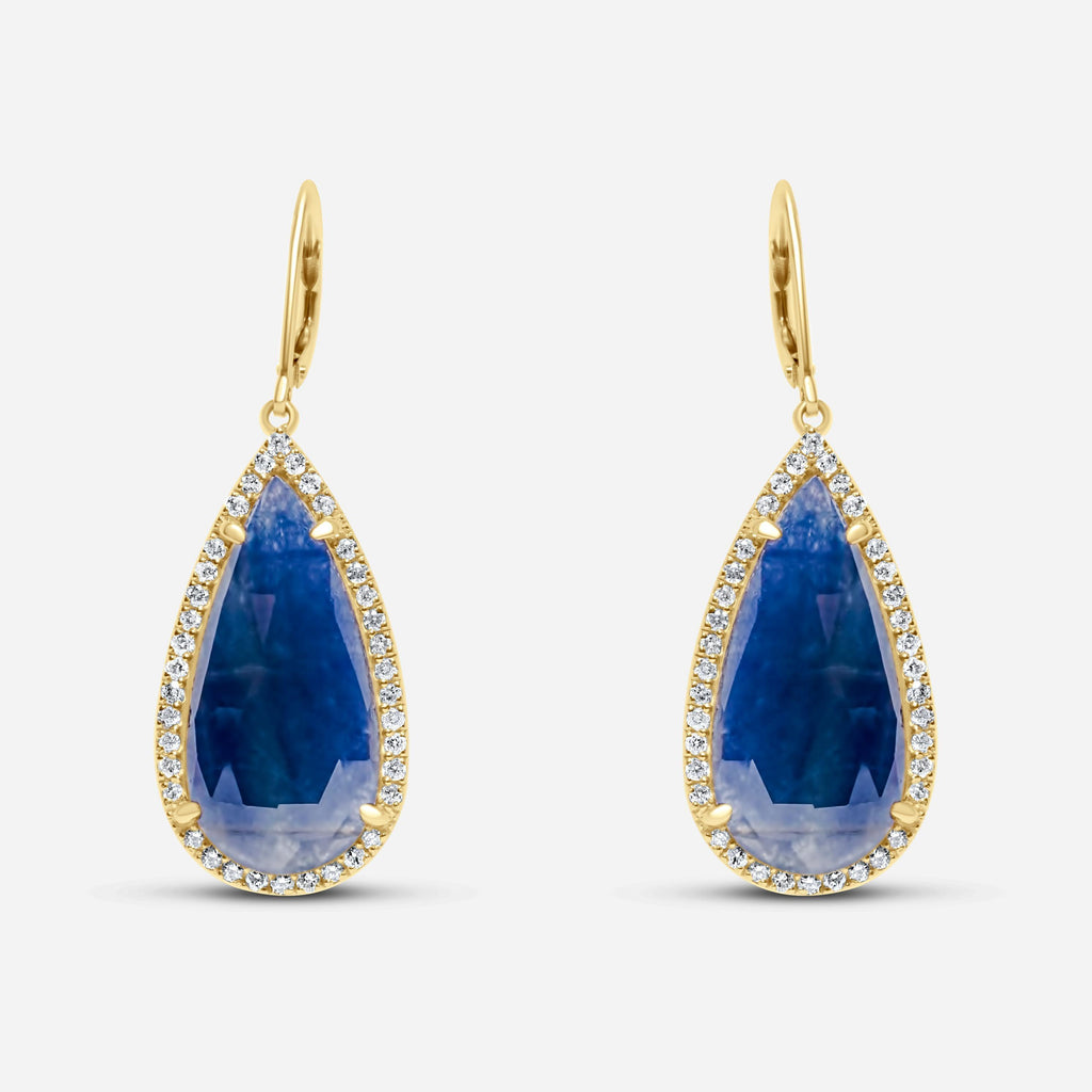 Blue Sapphire Pear Drop Faceted Cabochon Diamond Halo Drop 18k Gold Earrings