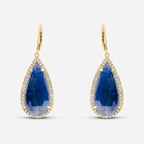 Blue Sapphire Pear Drop Faceted Cabochon Diamond Halo Drop 18k Gold Earrings