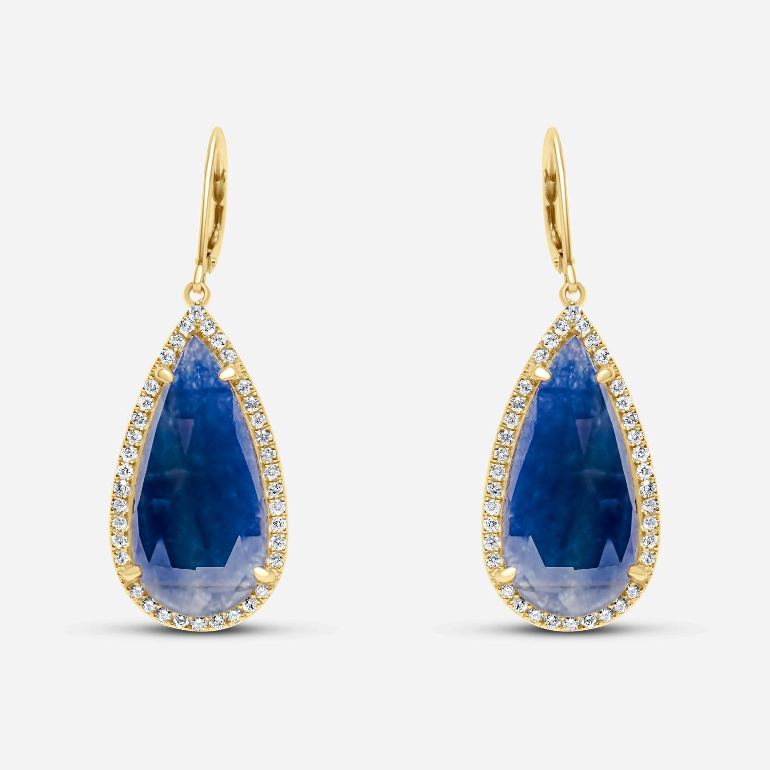 Blue Sapphire Pear Drop Faceted Cabochon Diamond Halo Drop 18k Gold Earrings