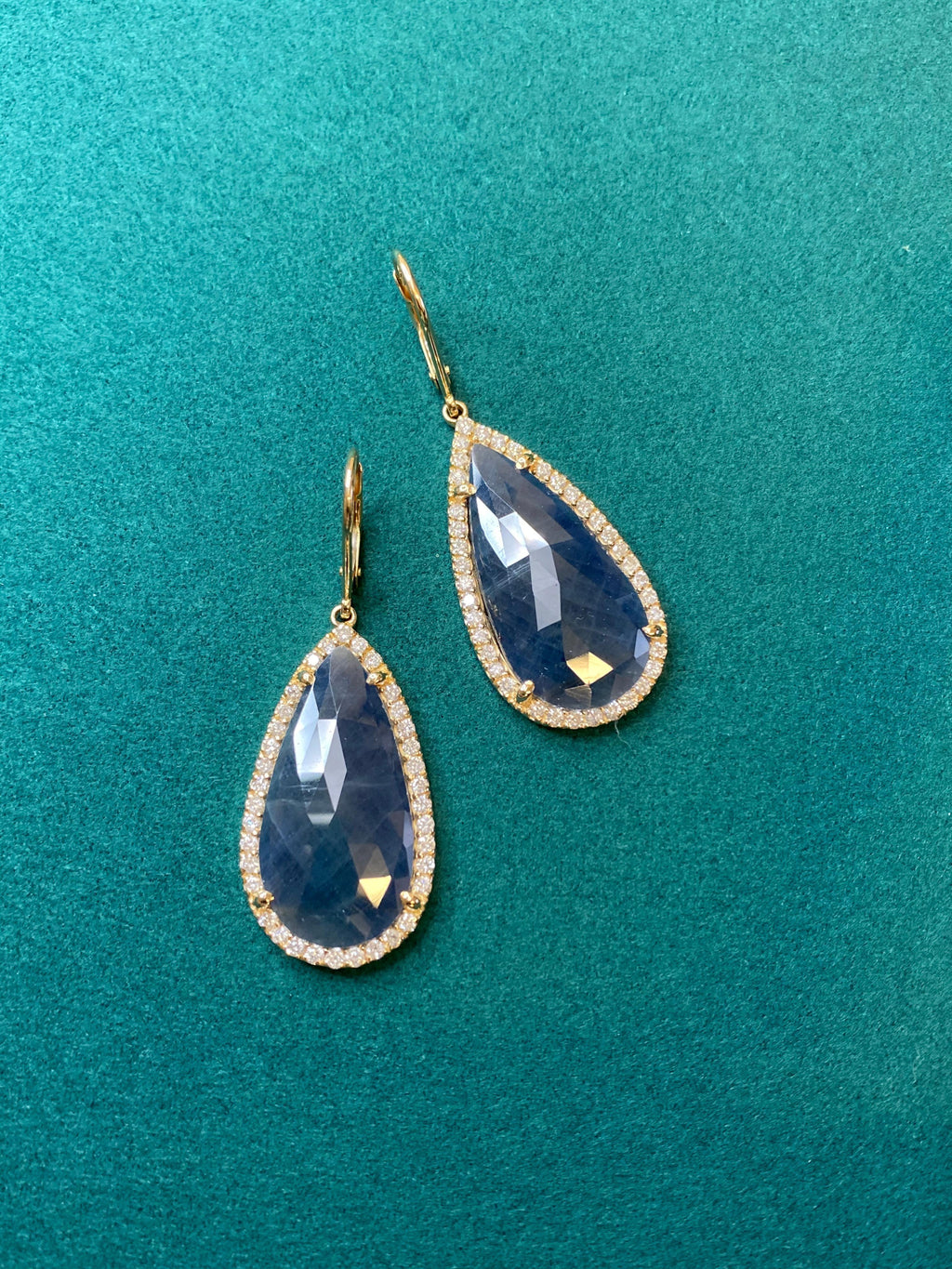 Blue Sapphire Pear Drop Faceted Cabochon Diamond Halo Drop 18k Gold Earrings