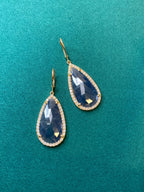Blue Sapphire Pear Drop Faceted Cabochon Diamond Halo Drop 18k Gold Earrings