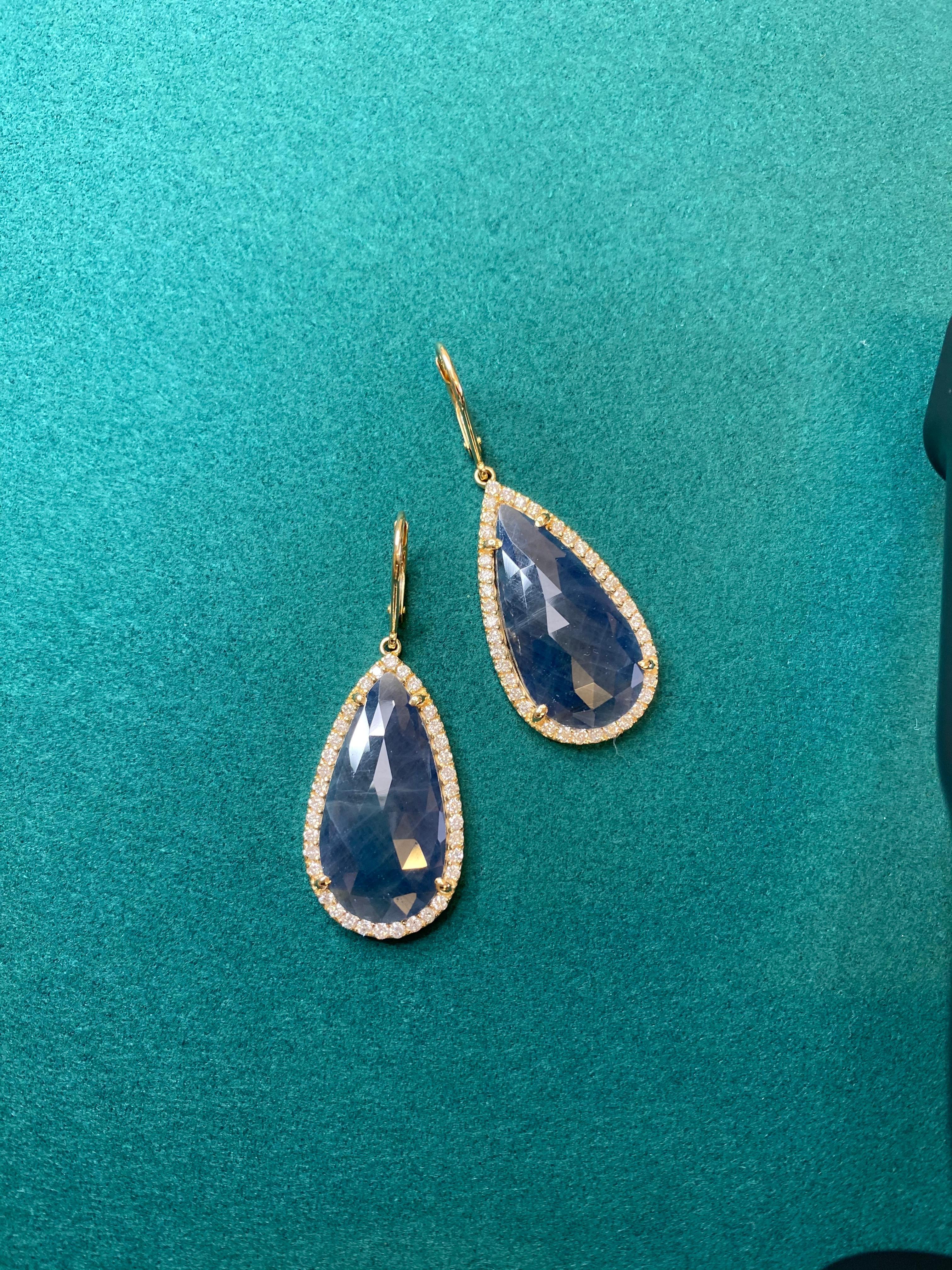 Blue Sapphire Pear Drop Faceted Cabochon Diamond Halo Drop 18k Gold Earrings
