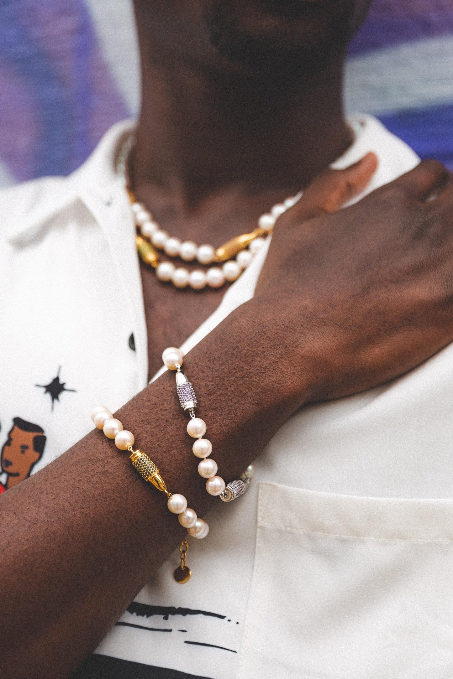 blue sapphire red garnet rocket bullet white pearl gold vermeil silver bracelet