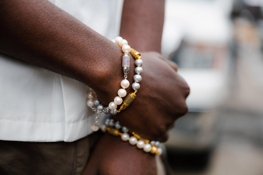 Blue Sapphire Red Garnet Rocket Bullet White Pearl Gold Vermeil Silver Bracelet