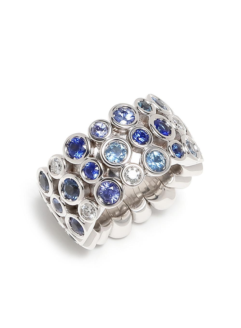 Blue Sapphire Sky Topaz Diamond Flexible Bezel Eternity 18K White Gold Ring Band