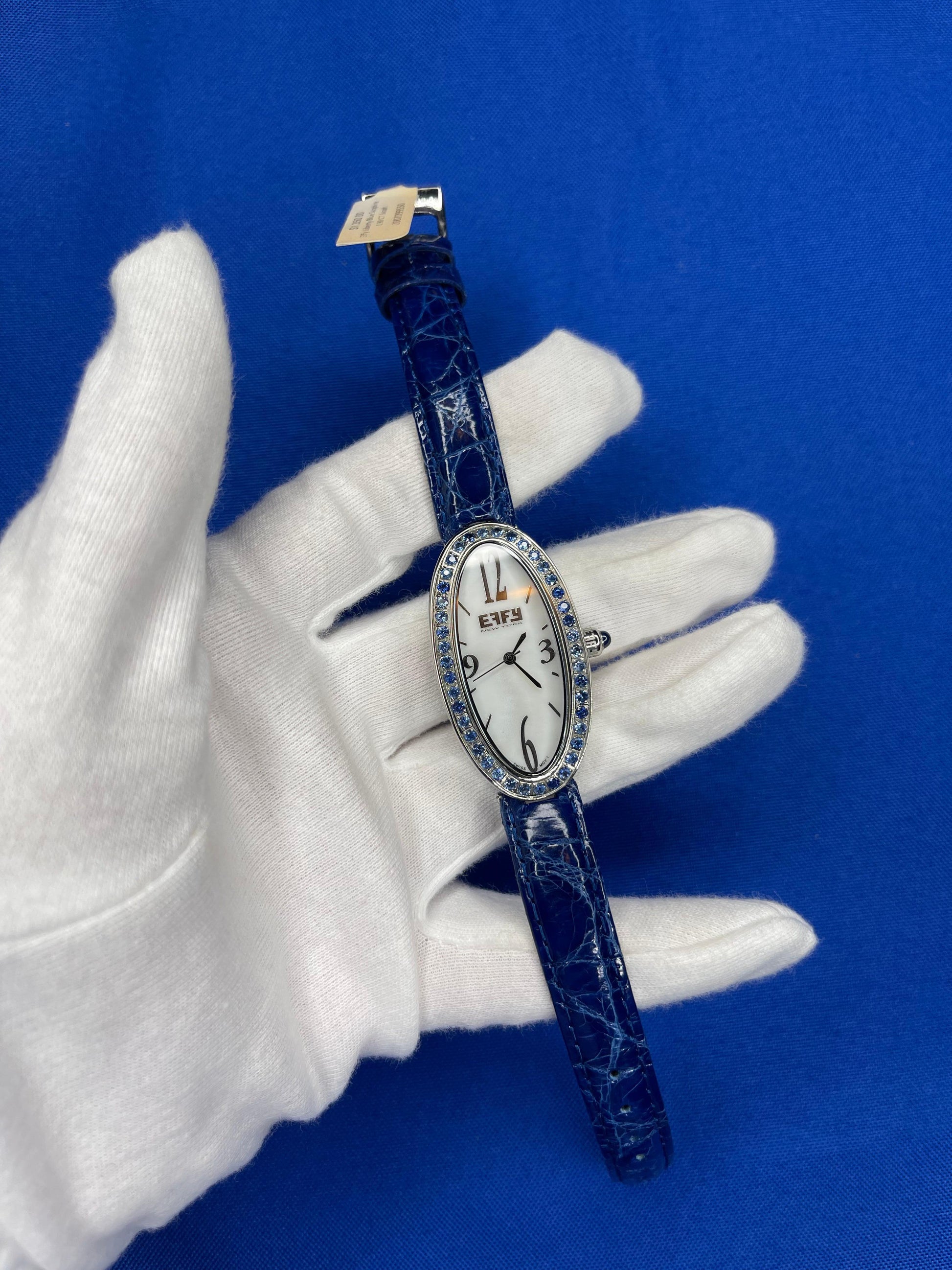 Blue Sapphires Pave Dial Luxury Swiss Quartz Exotic Leather Band Watch