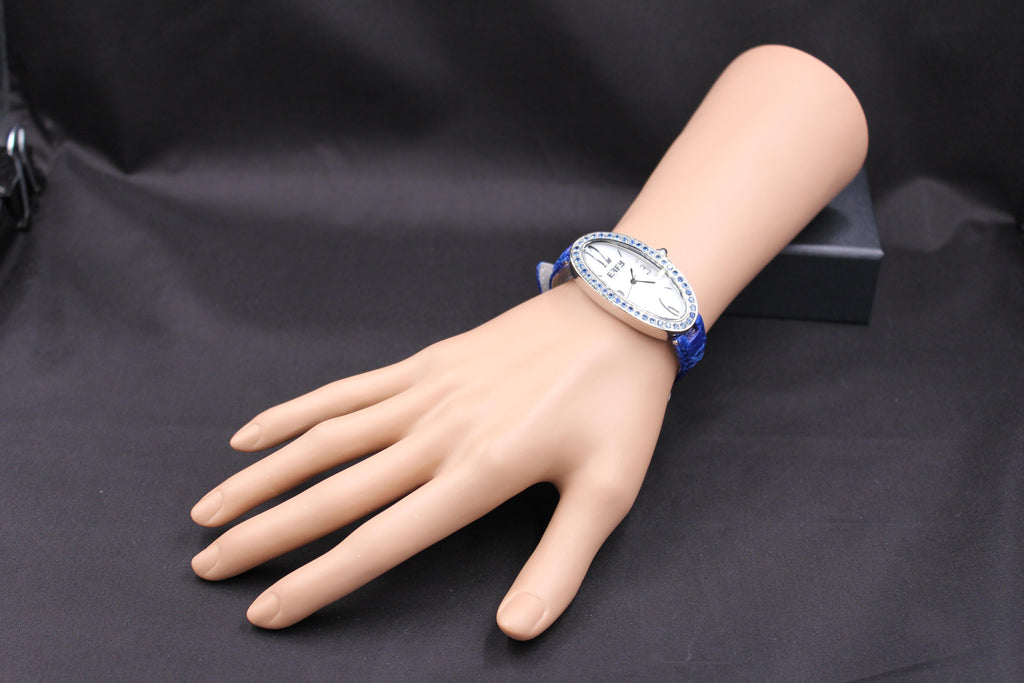 Blue Sapphires Pave Dial Luxury Swiss Quartz Exotic Leather Band Watch