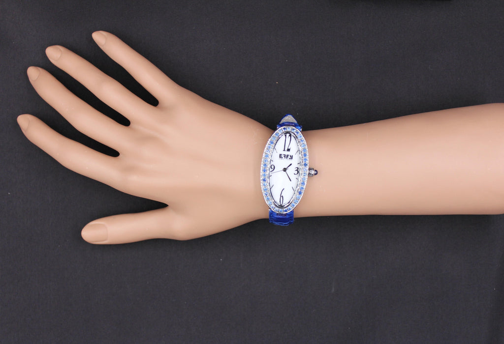 Blue Sapphires Pave Dial Luxury Swiss Quartz Exotic Leather Band Watch