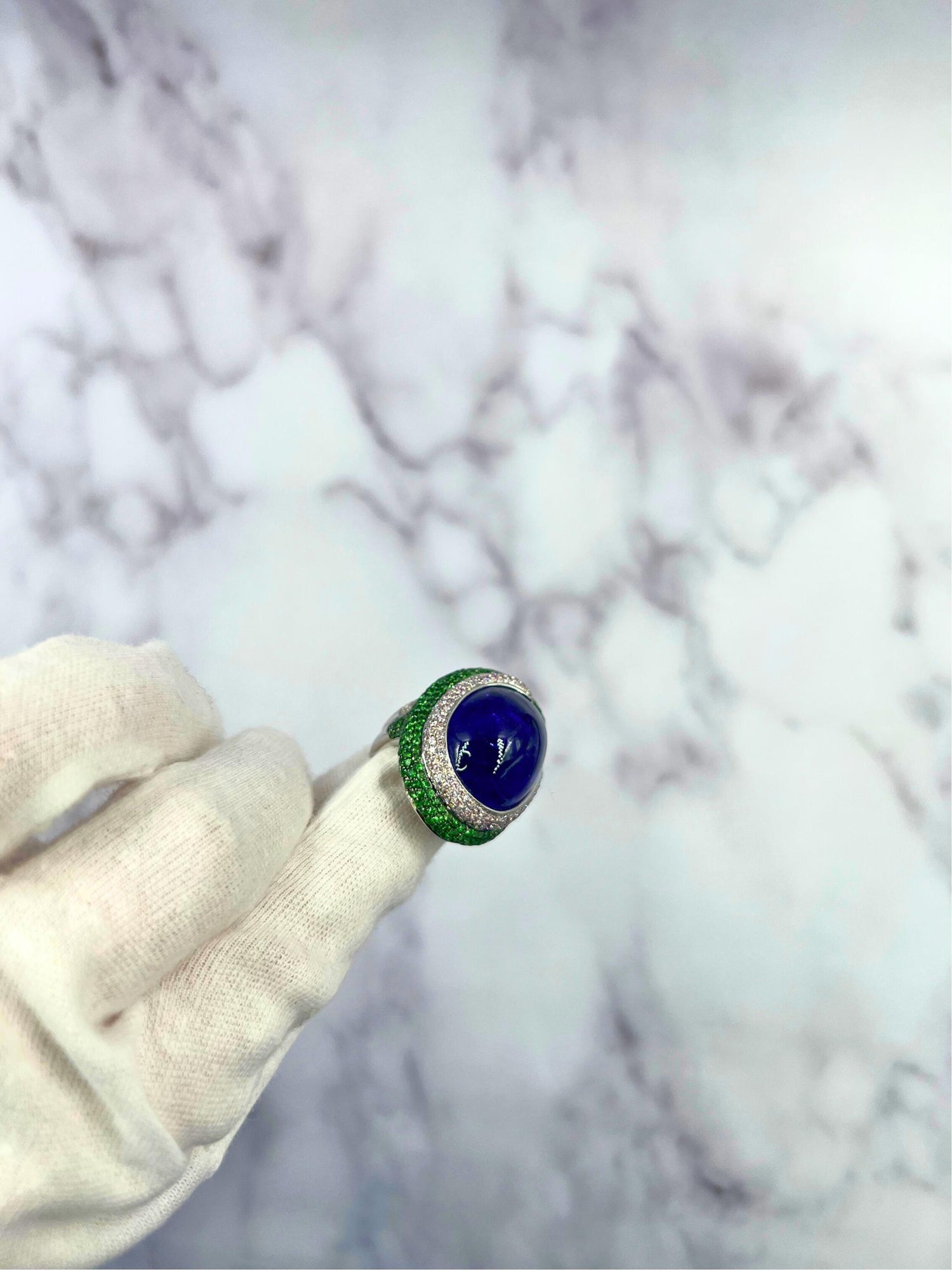 Blue Tanzanite Oval Cabochon Diamonds Tsavorites Pave 18k White Gold Unique Ring