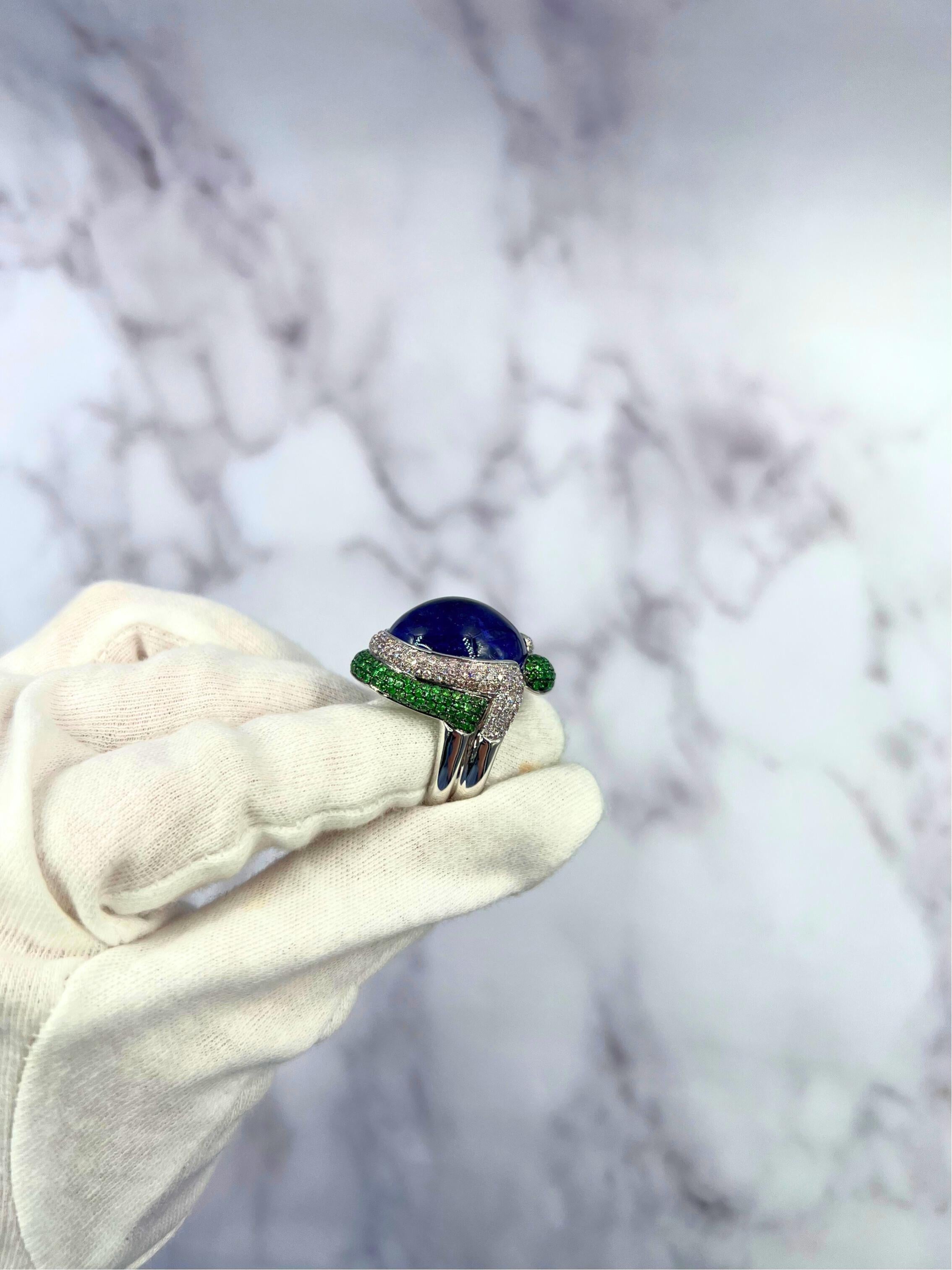 Blue Tanzanite Oval Cabochon Diamonds Tsavorites Pave 18k White Gold Unique Ring