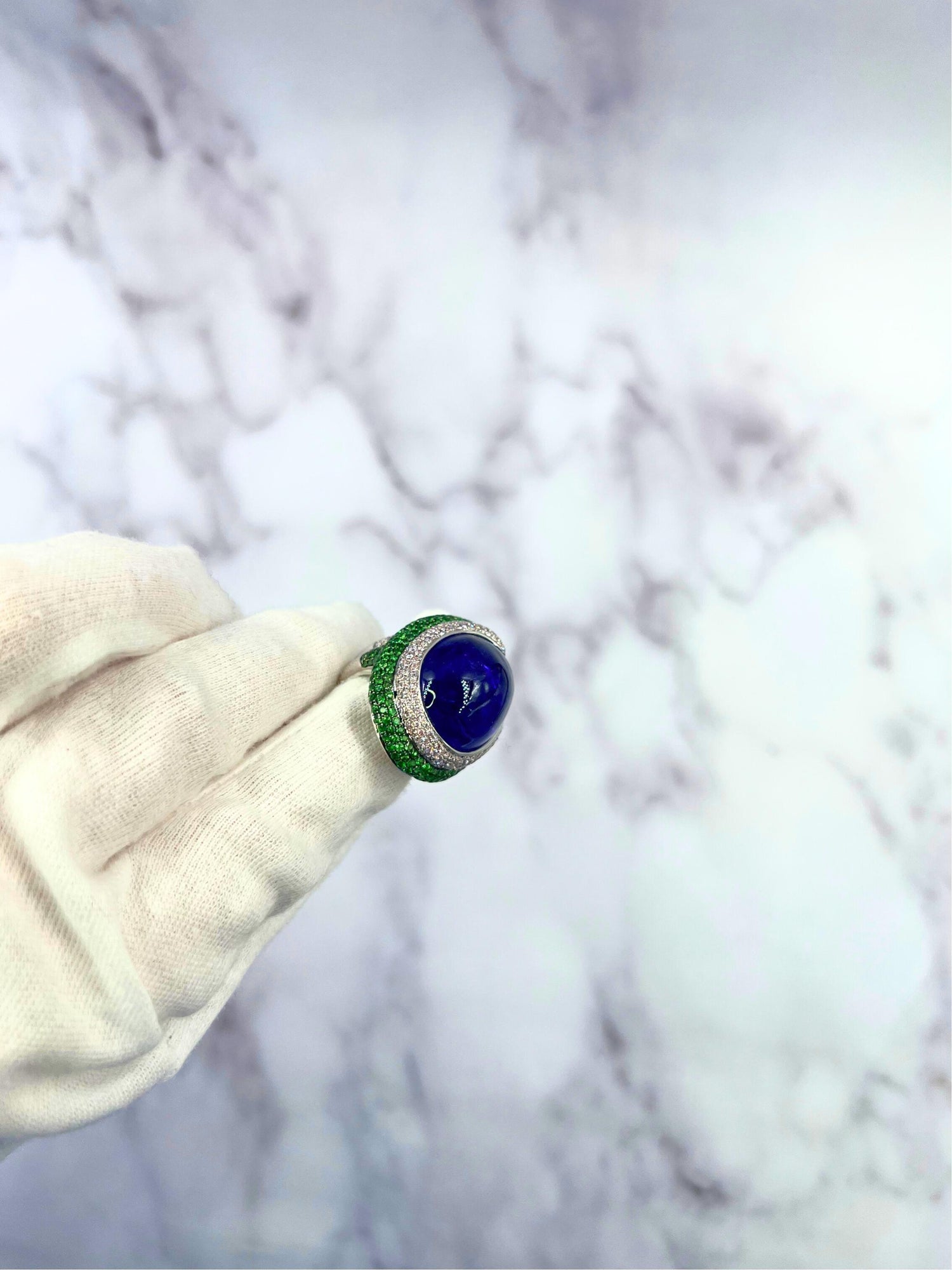 Blue Tanzanite Oval Cabochon Diamonds Tsavorites Pave 18k White Gold Unique Ring