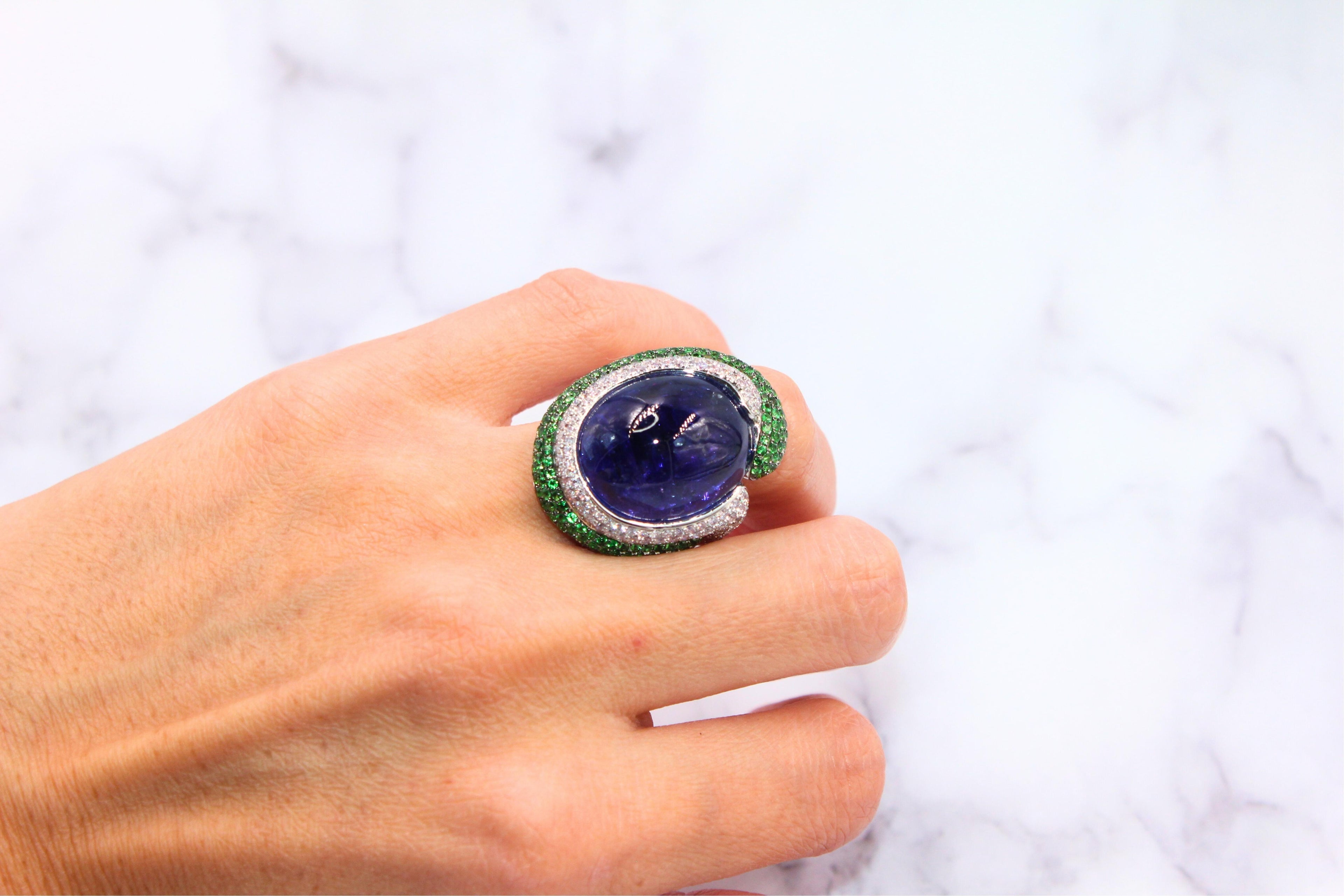 Blue Tanzanite Oval Cabochon Diamonds Tsavorites Pave 18k White Gold Unique Ring