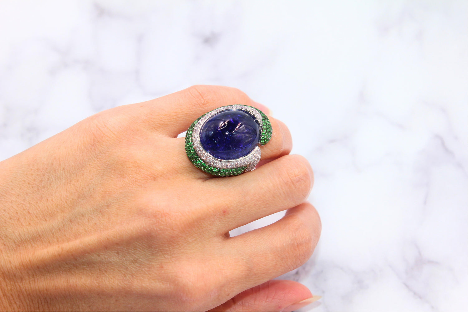 Blue Tanzanite Oval Cabochon Diamonds Tsavorites Pave 18k White Gold Unique Ring