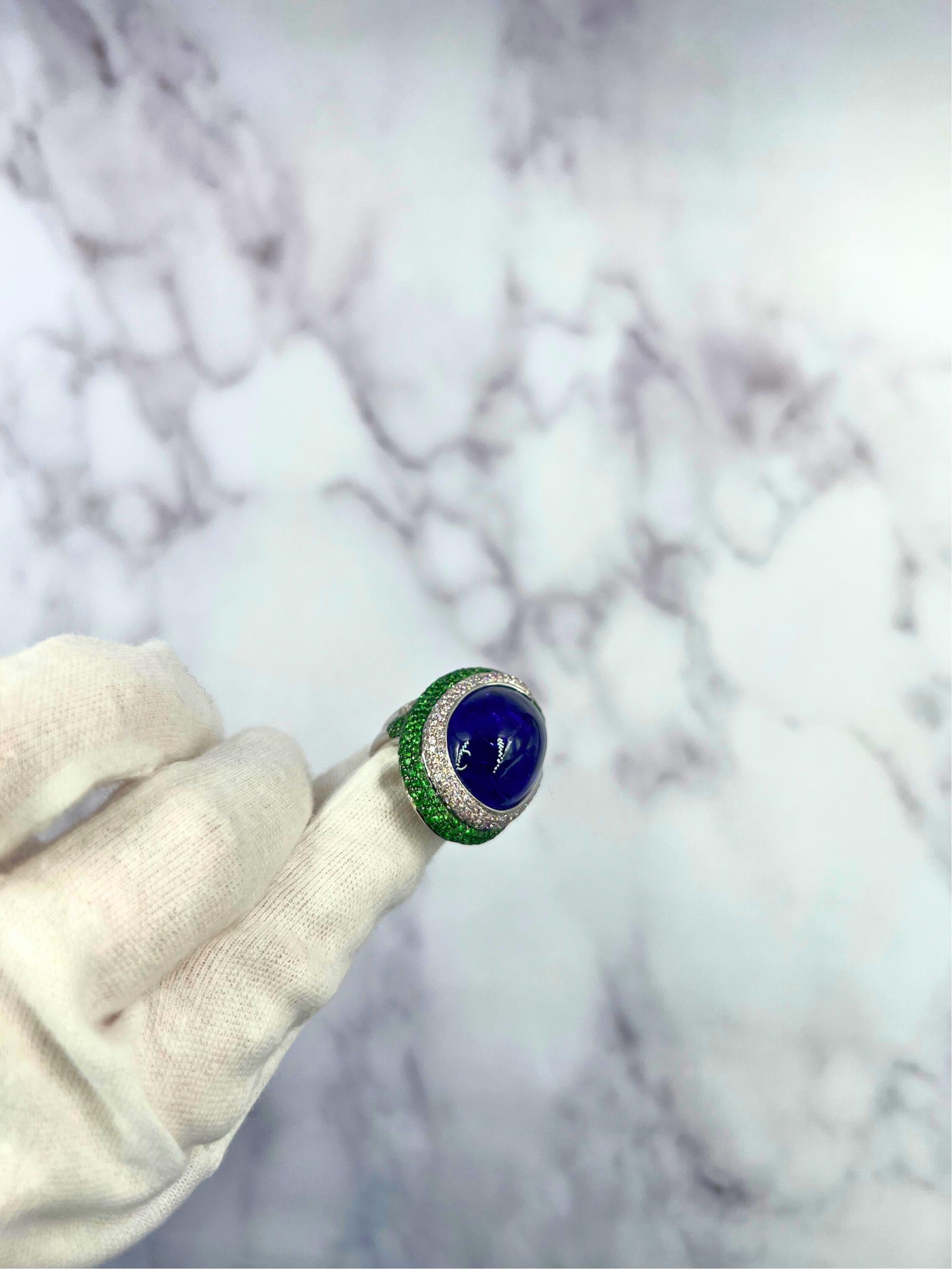 Blue Tanzanite Oval Cabochon Diamonds Tsavorites Pave 18k White Gold Unique Ring