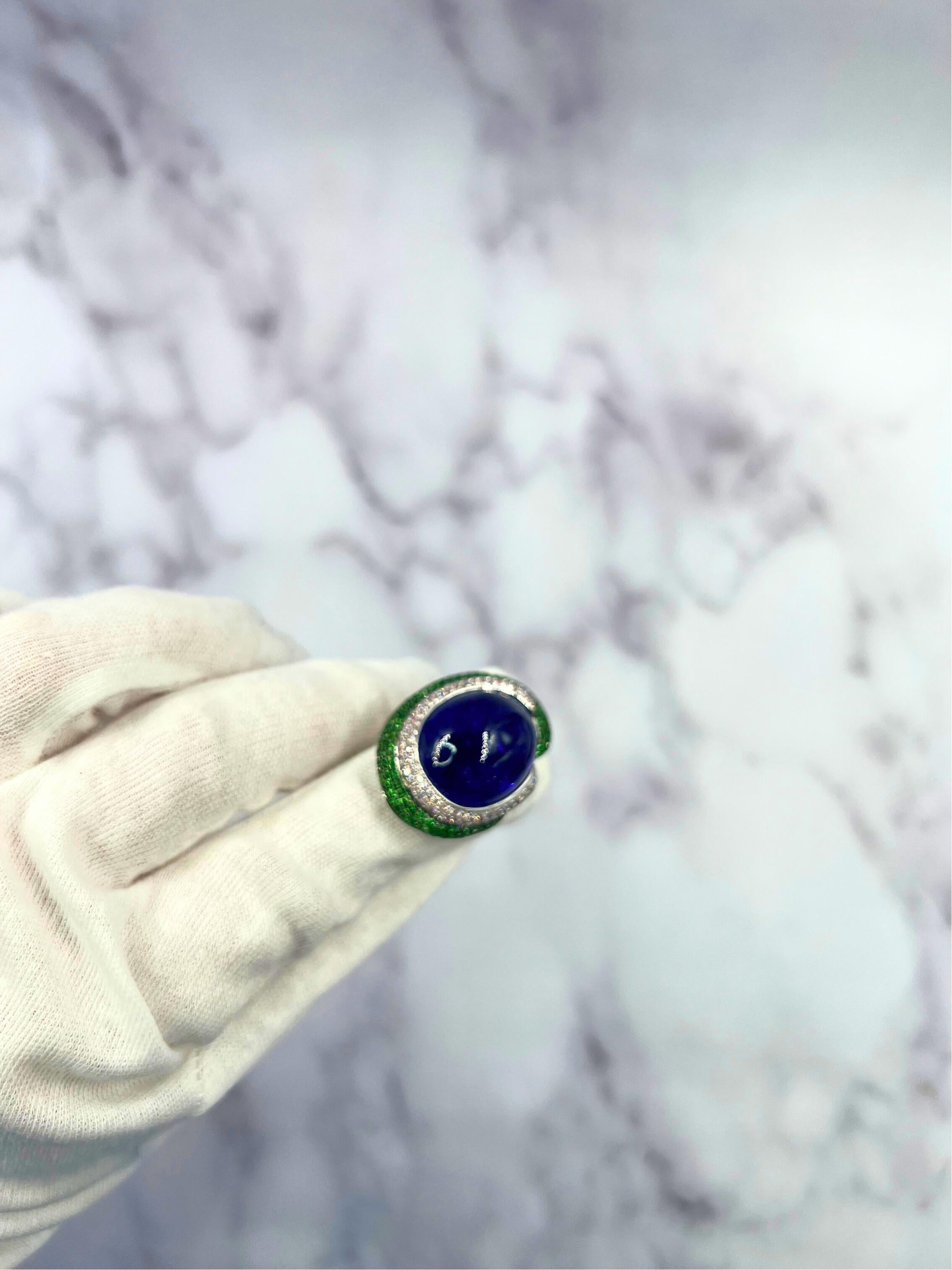 Blue Tanzanite Oval Cabochon Diamonds Tsavorites Pave 18k White Gold Unique Ring