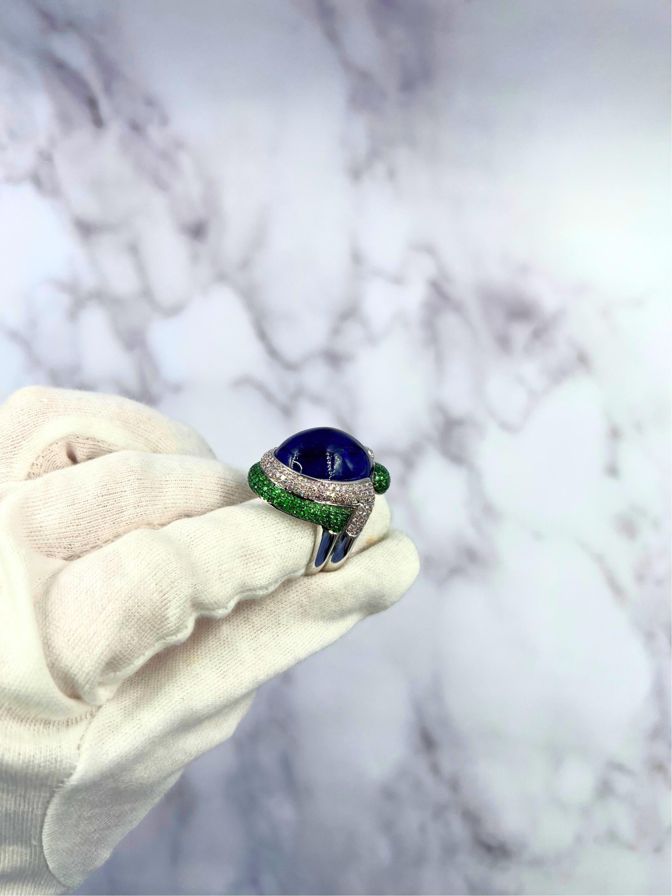 Blue Tanzanite Oval Cabochon Diamonds Tsavorites Pave 18k White Gold Unique Ring
