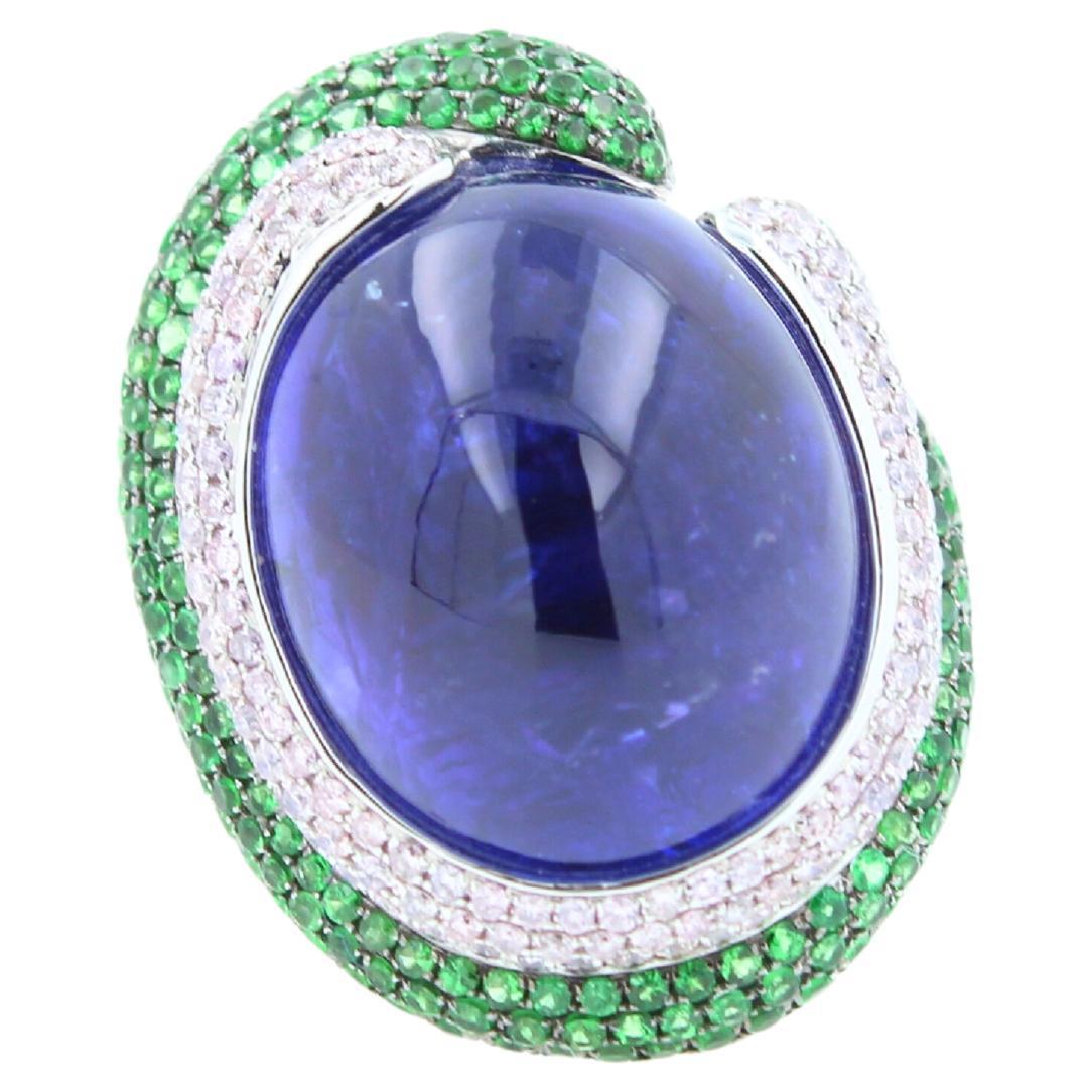 Blue Tanzanite Oval Cabochon Diamonds Tsavorites Pave 18k White Gold Unique Ring