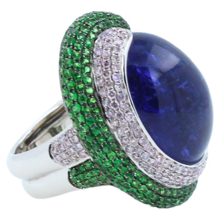 Blue Tanzanite Oval Cabochon Diamonds Tsavorites Pave 18k White Gold Unique Ring