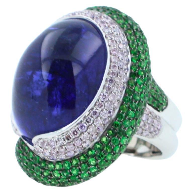 Blue Tanzanite Oval Cabochon Diamonds Tsavorites Pave 18k White Gold Unique Ring
